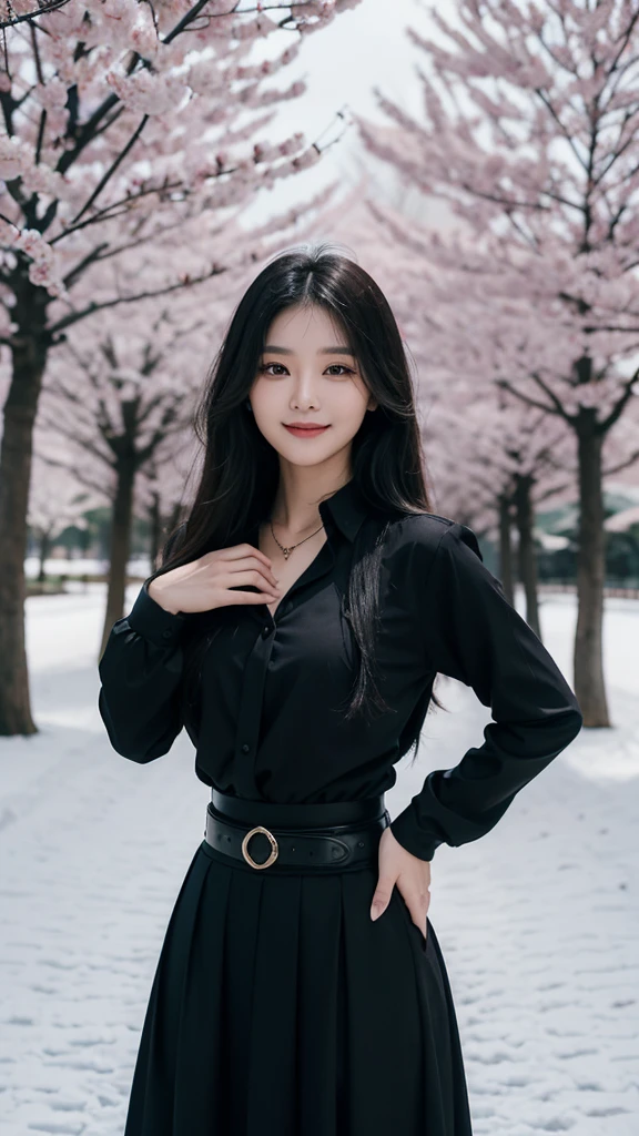 beautiful indonesan woman, black long hair,dark purple shirt with collars, long sleeve, black skirt, tie, belt, standing, smile,neckless, sakura trees, view in winter background