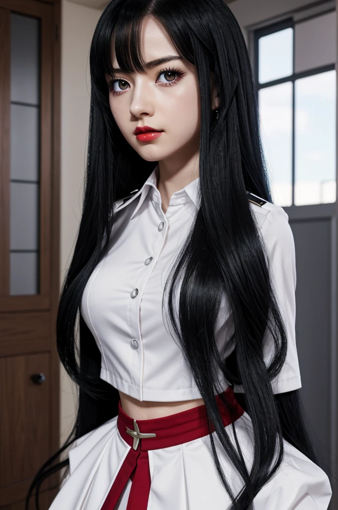 Screenshot Boku no Hero Academia. beautiful woman, long black hair with white tips, Red eyes, pale skin, red lips and revealing uniform