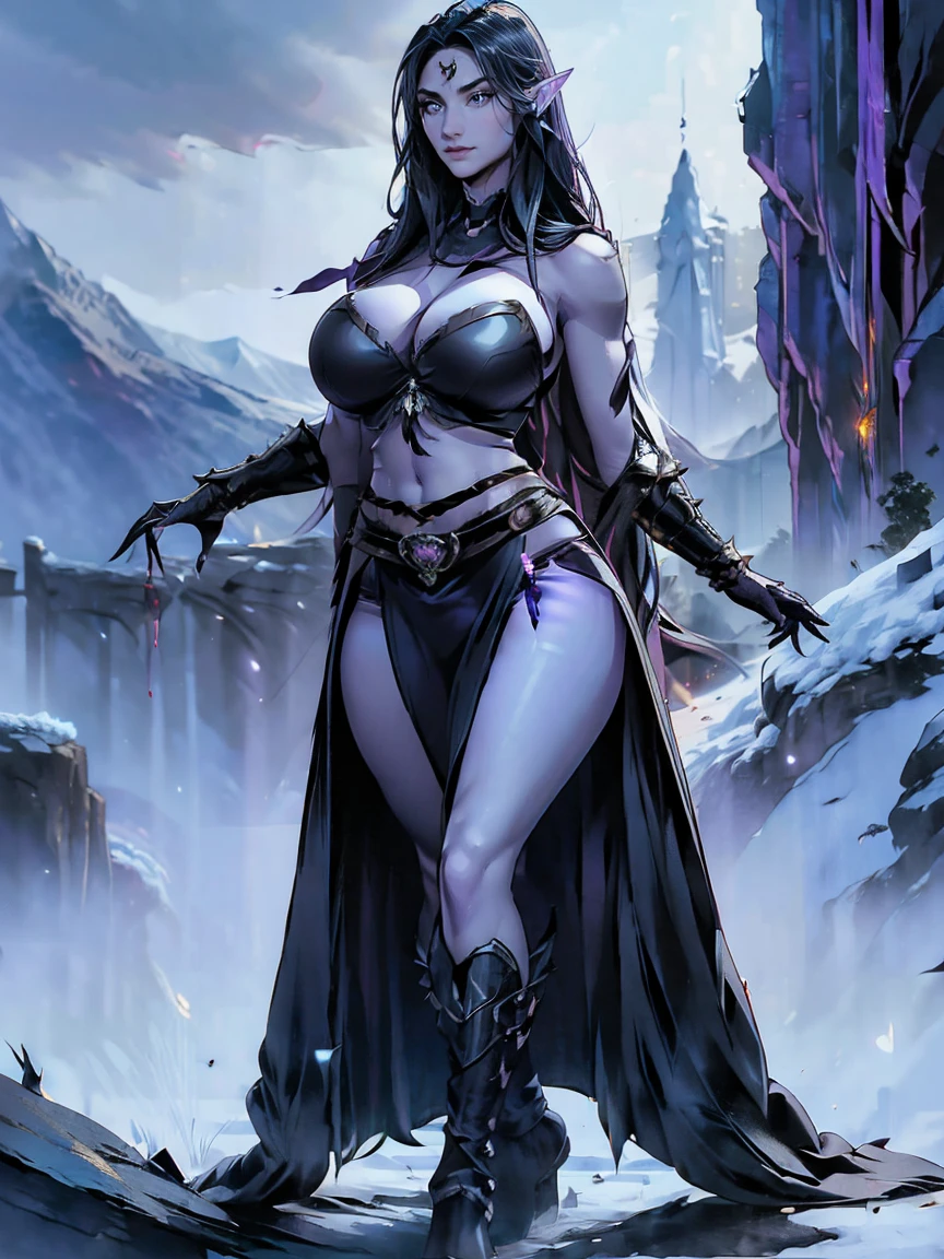 (masterpiece, top quality, best quality, official art, beautiful and aesthetic:1.2), (1girl:1.3), ((Sharp facial features, sharp features, hawkish features)), ((big hair, long elf ears, long black hair)), (((pale purple skin, pale blue skin, blue skin, purple skin))), big tiddy dark elf girl, extremely detailed, portrait, looking at viewer, solo, (full body:0.6), detailed background, full-body shot, (cold night mountain theme:1.1), dark elf war dancer, (spiky winged helmet), charlatan, smirk, mysterious, swaying in mountains, strapless top, skimpy attire, revealing gladiatrix costume, ebony metal, gold filigree, long boots, dual knives, blood red fabric, pelvic curtain, loincloth, black leather, ((((gigantic breasts, cleavage, skindentation, long legs, pelvic curtain)))), cute belly button, toned tummy, slim waist, slim hips, long legs, medieval (mountain exterior:1.1) background, dark mysterious lighting, shadows, magical atmosphere, dutch angle