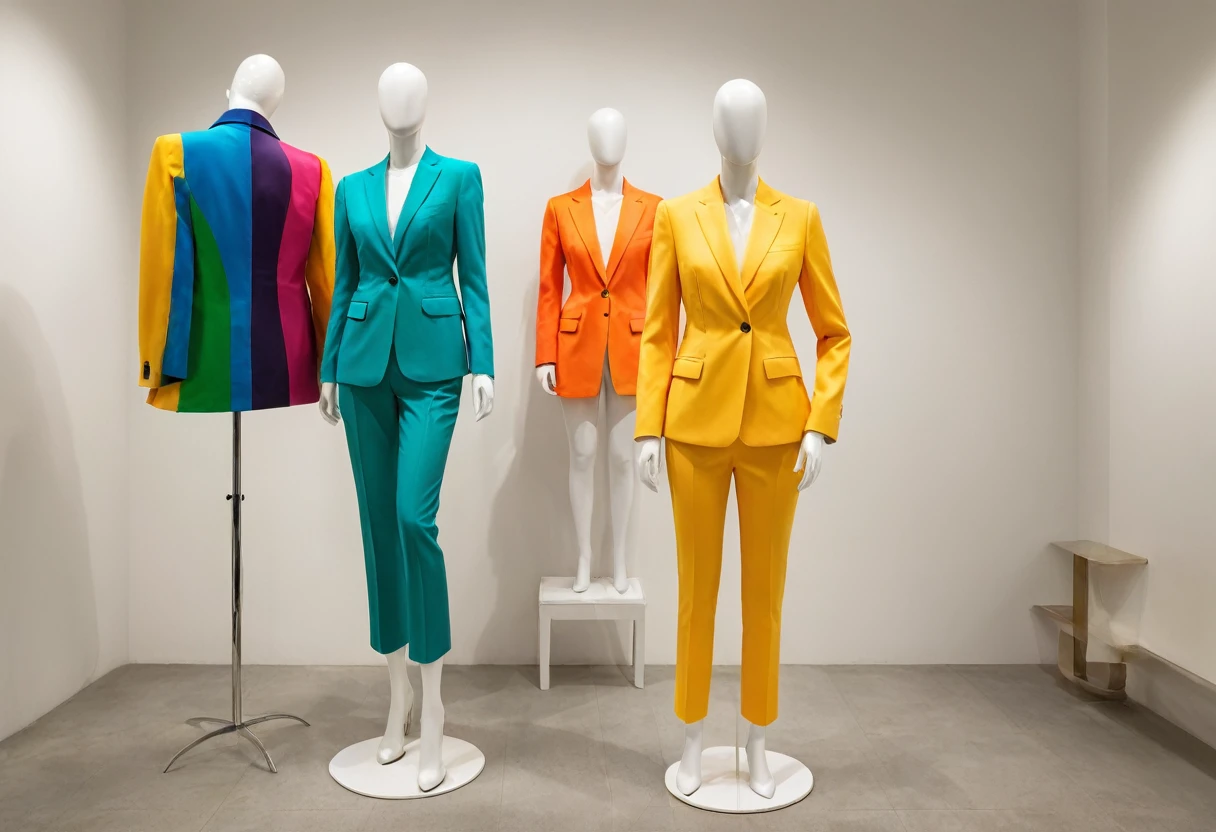 The faceless mannequin is a female body,A faceless mannequin striking an exaggerated pose,The faceless mannequin is wearing a brightly colored suit,