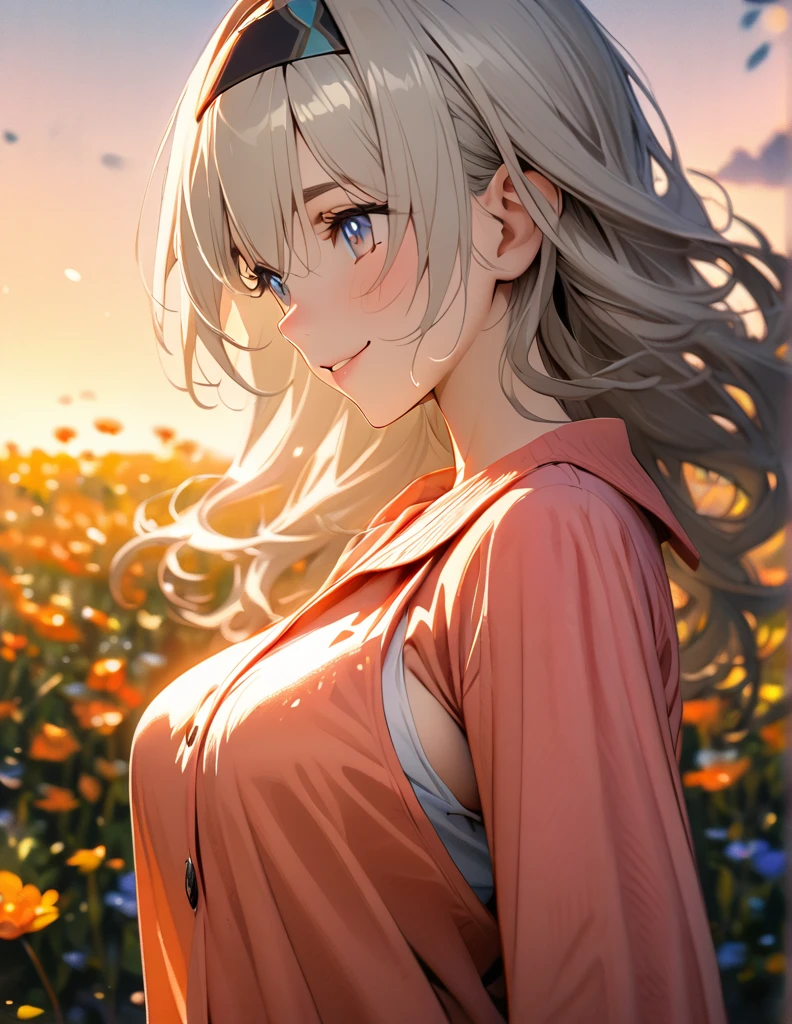 beautiful girl, long grey hair, beautiful face,smiling,close up to hips, beautiful breast, in the middle of flowers field, (open mouth:0.4),illustration,detailed textures(realists),ultra-detailed,portrait style,vivid colors,soft lighting, blushing, mature, hair fluttering, evening light , head band, ((half body)), sideboob, wearing casual pajamas, perky. ((side profile until hips))