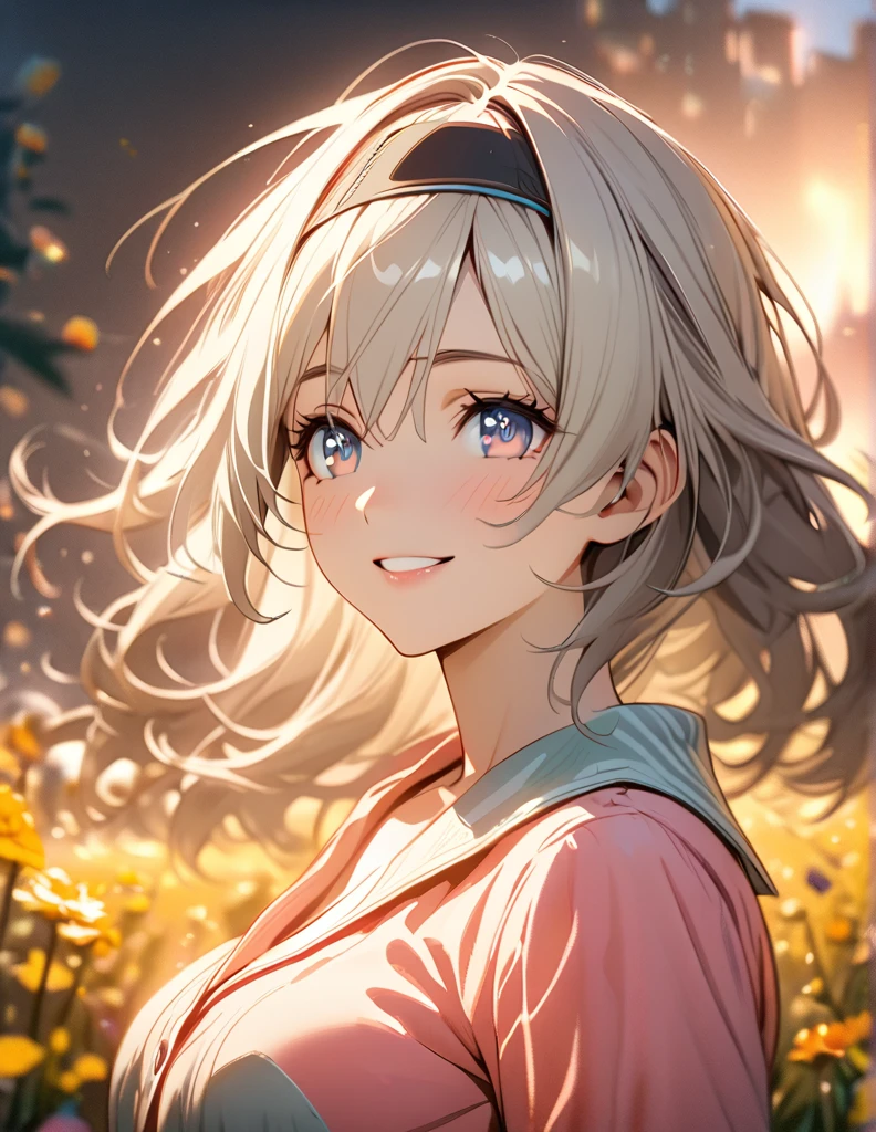 beautiful girl, long grey hair, beautiful face,smiling,close up to hips, beautiful breast, in the middle of flowers field, (open mouth:0.4),illustration,detailed textures(realists),ultra-detailed,portrait style,vivid colors,soft lighting, blushing, mature, hair fluttering, evening light , head band, ((half body)), sideboob, wearing casual pajamas, perky. ((side profile until hips))