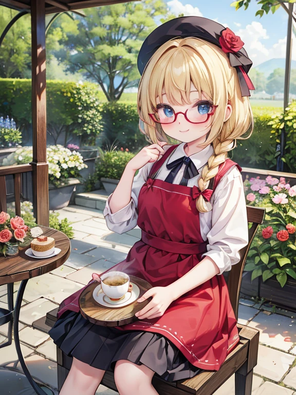 (8K, Highest quality, tableトップ:1.2)、Ultra-high resolution、14-year-old girl, Perfect Fingers, Detailed face, smile, blue eyes, Glasses, Blonde, Braid, Red Apron Dress, garden, flower bed, table, tableクロス, Black tea, Tea cup, cake, Sit on a chair, Black teaを飲む