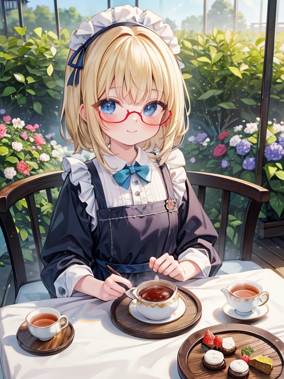 (8K, Highest quality, tableトップ:1.2)、Ultra-high resolution、-yeld gi Perfect Fingers, Detailed face, smile, blue eyes, Glasses, Blonde, Braid, Red Apron Dress, garden, flower bed, table, tableクロス, Black tea, Tea cup, cake, Sit on a chair, Black teaを飲む