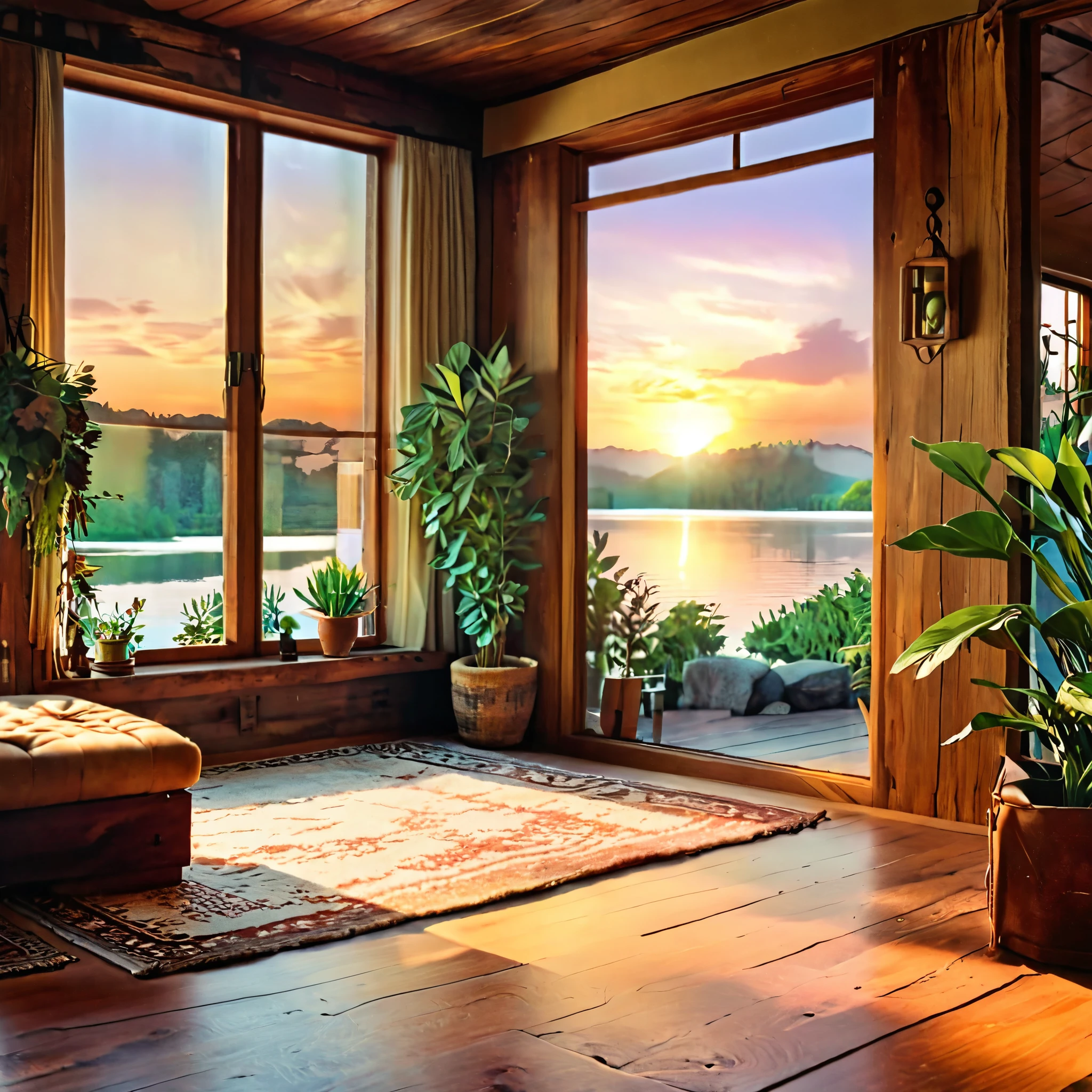 A cozy and rustic living room with a large open window view of a sunset over a serene lake. The room features warm wooden furniture, soft textured rugs, and earthy tones. The space is filled with indoor plants, vintage decorations, and ambient lighting that creates a relaxing and inviting atmosphere