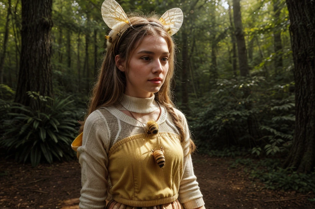 a young white female, bee outfit, in the woods, knit bee costume, honey bee theme, detailed bee headpiece, detailed bee antennae, detailed bee stripes, detailed bee wings, honeycomb pattern, natural forest setting, sunlight filtering through trees, photorealistic, 8k, high quality, masterpiece, intricate details, vibrant colors, soft lighting, cinematic composition