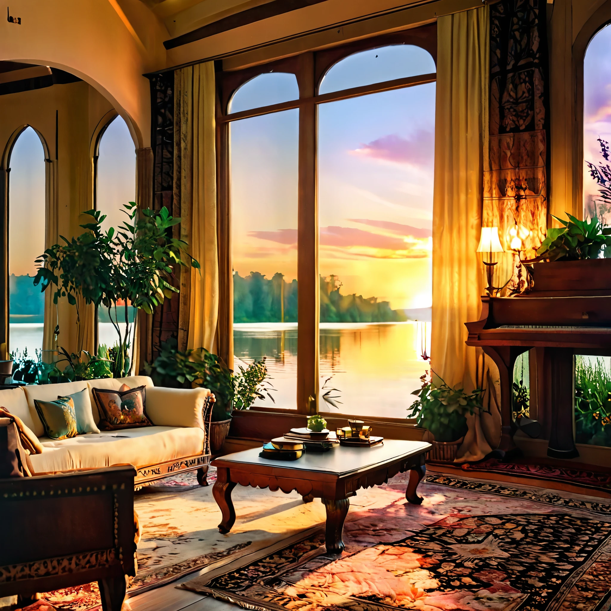 A vintage-inspired living room with a large open window showcasing a sunset over a tranquil lake. The room is adorned with antique furniture, ornate rugs, and elegant drapery. The color palette includes rich, warm tones, and the space is enhanced with indoor plants, classic artwork, and soft, romantic lighting