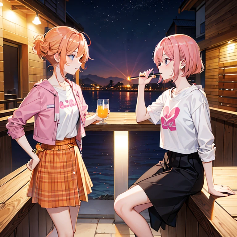 Two girls with pink and orange hair、Two people drinking alcohol、The pink-haired girl is smoking a cigarette