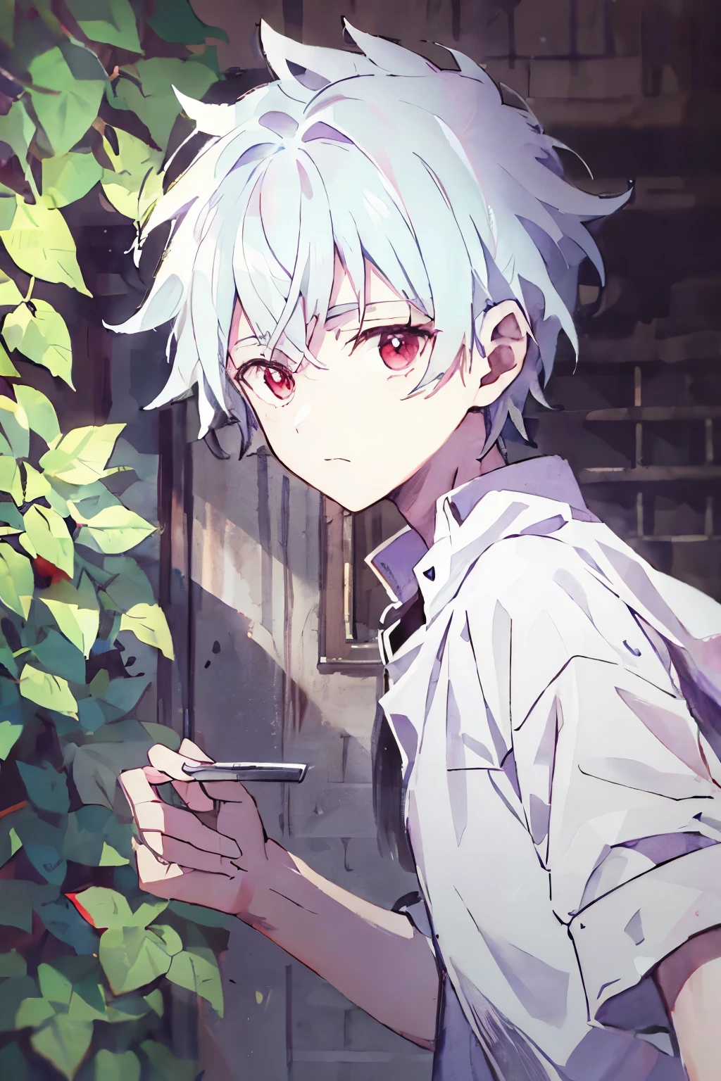 ((best qualityer)), ((work of art)), (detailded), vampire boy with white hair and red eyes