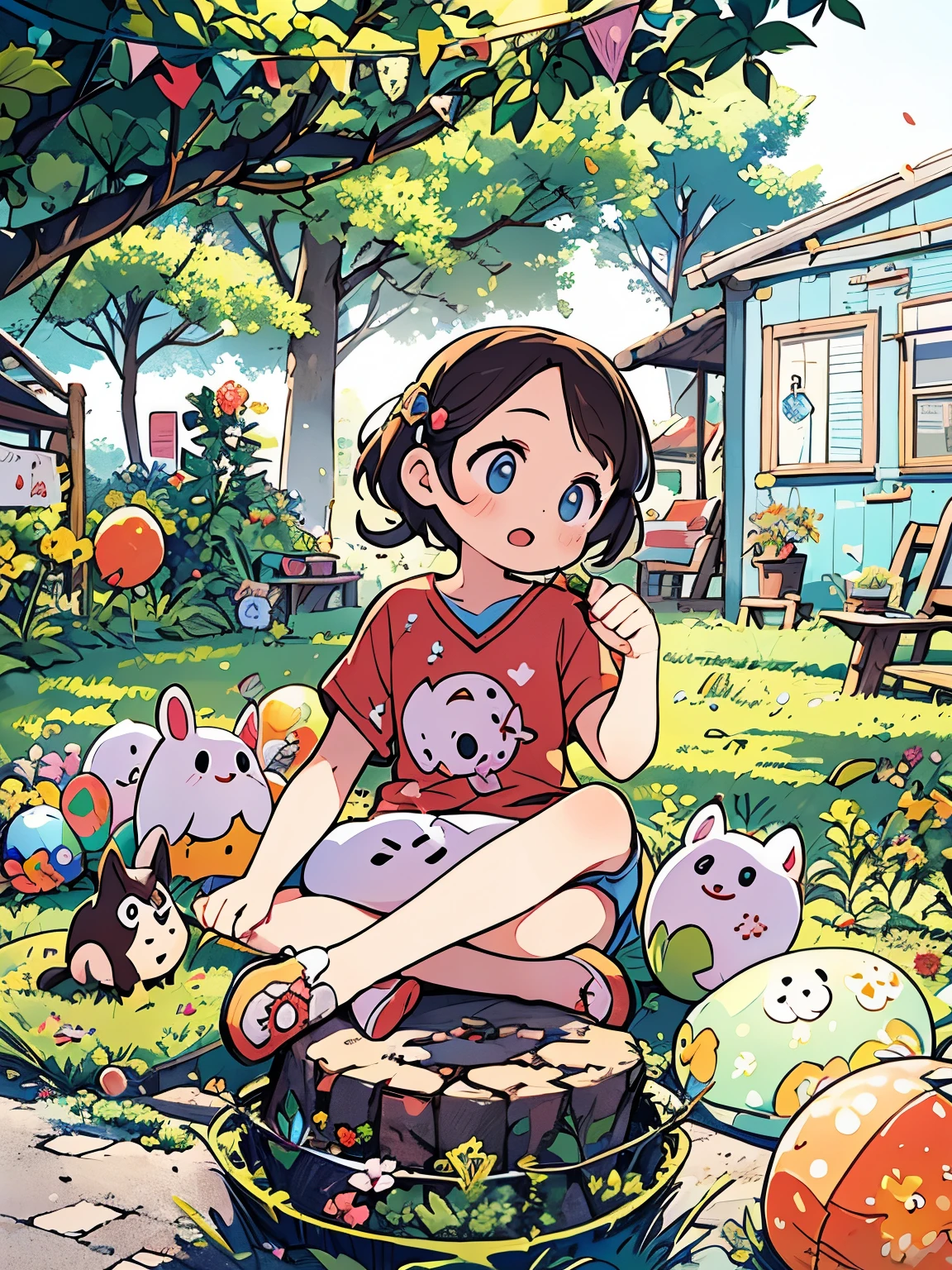 A summer day,Little girl sitting on a chair,There are flowers and balloons next to it. They sit on the grass,Hand-drawn style,children illustration,Flat illustration,masterpiece,best quality,
