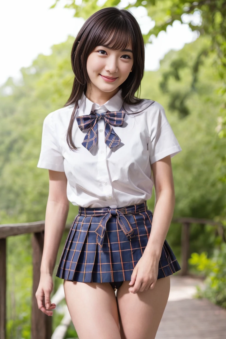 (Realistic:1.4, 8K), Highest quality, masterpiece, Ultra-high resolution, (Cinematic lens effects), (Are you standing in a lush park???)、 Japanese Girl(Beautiful Face), (Brown Hair:1.3, bangs, Long Hair), Highly detailed skin and face, Sunburned skin:1.0, Shining Legs, Limb details, (Gal Makeup, eyeliner, Lip gloss, Beautiful erotic eyes:0.85), Sexy Face:0.8, (Beautiful Eyes, Thick lips, A taste of beautiful eroticism:0.85), (Too cute beauty:0.9), (Looking into the camera), Sexy plaid underwear(Wearing random sexy underwear)、Crouching、I can see her panties((A shy smile、Very small breasts、View from the front、))、Lots of eyelashes、skeletally correct、1 Girl、Slim figure、Full Body Shot