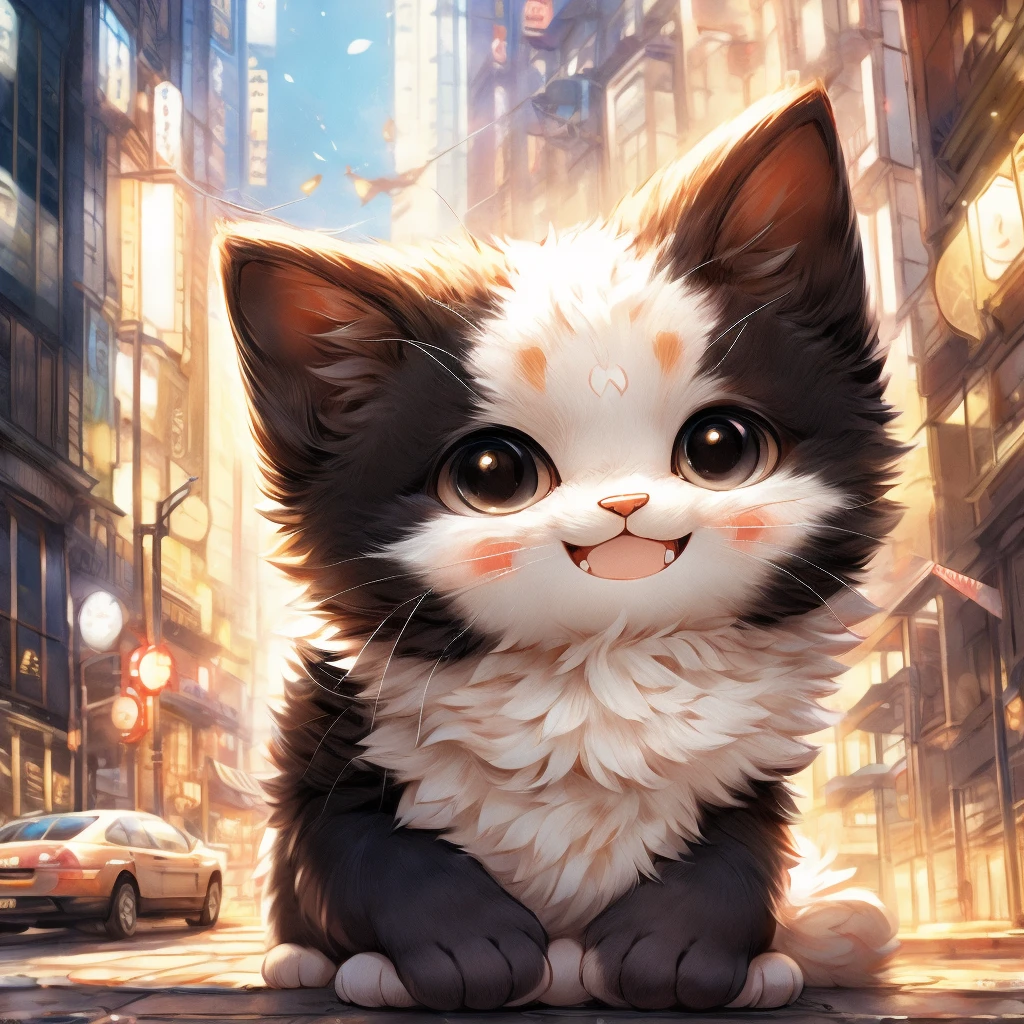 In the city、1 black kitten、(((Round white fur on forehead)))、(((smile:3.0)))