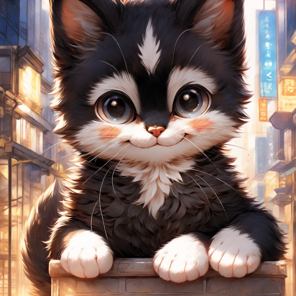 In the city、1 black kitten、（（（Round white fur on forehead）））、（（（smile:3.0）））