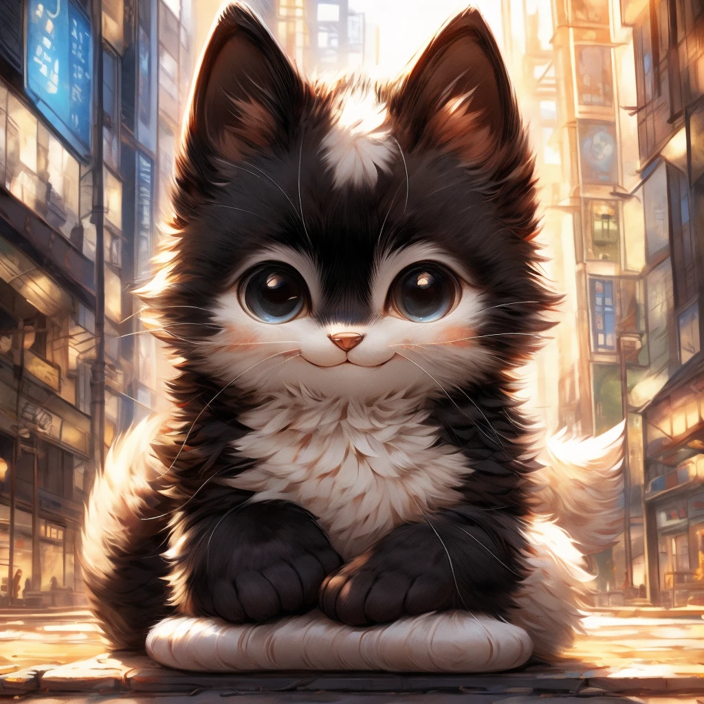 In the city、1 black kitten、(((Round white fur on forehead)))、(((smile:3.0)))