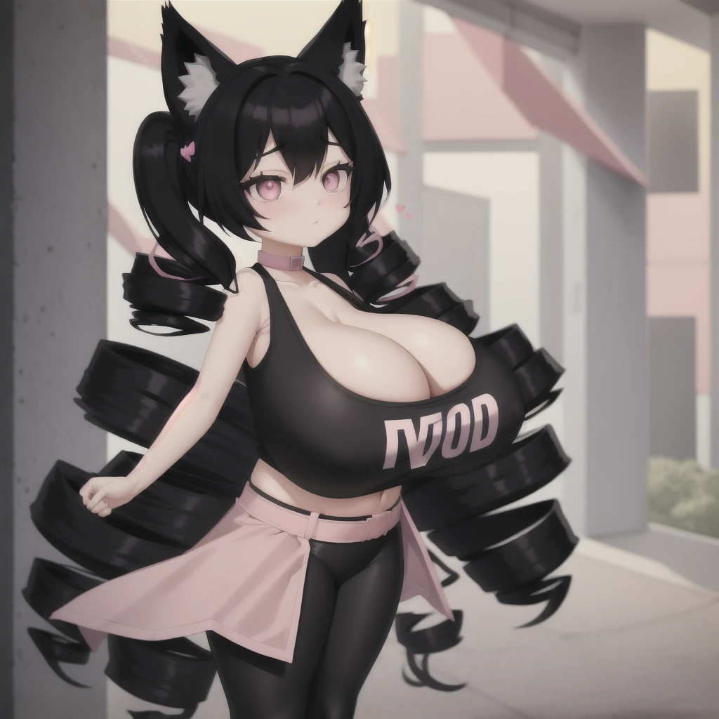 black hair, female, fox ears, twin drills, solo, smol, pink eyes, massive breasts, very long hair, wear open cut black tight tank top and pink leggings, masterpiece, ultra high quality