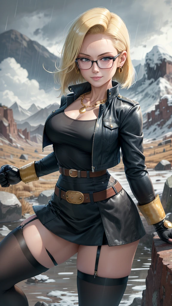 Best quality, Highres, and18, 1girl, android 18, solo girl, 1girl, blonde hair, blue eyes, belt, high heels, black dress, gold necklace, black dress, short hair, jacket black dress, earrings, glasses Reading, medium breasts, cowboy shot, mountains, straight, (weather: rainy and windy), wet body, sexy smile, fighting stance, thigh-high stockings, garter belt, battle ruins, wide hips, thick legs, not wearing clothes, closed fists, hairpin,
