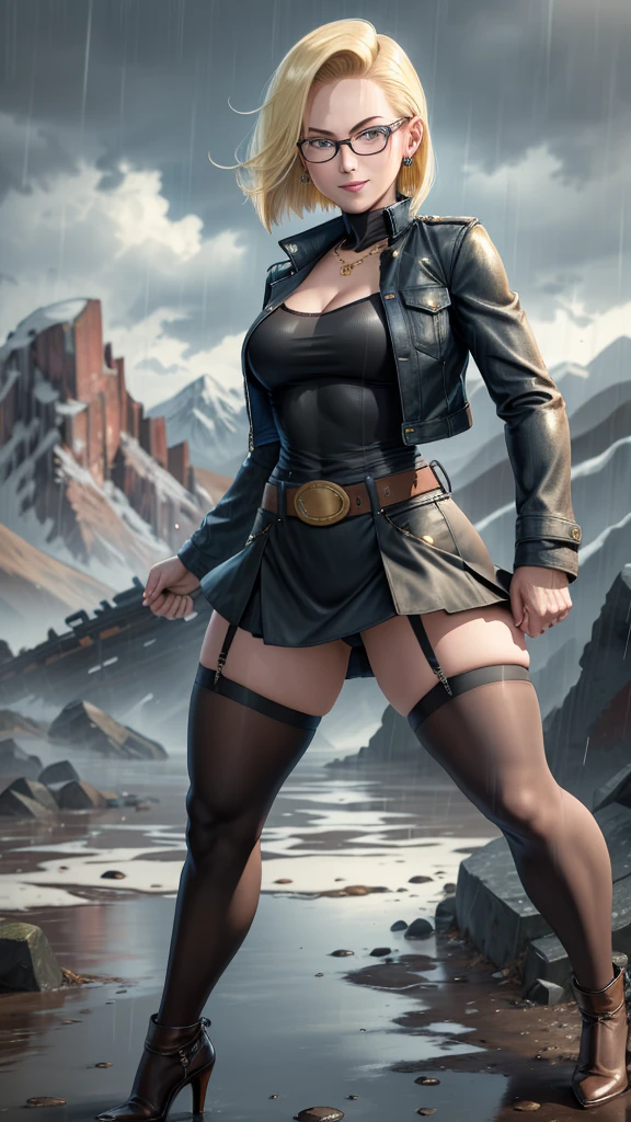 Best quality, Highres, and18, 1girl, android 18, solo girl, 1girl, blonde hair, blue eyes, belt, high heels, black dress, gold necklace, black dress, short hair, jacket black dress, earrings, glasses Reading, medium breasts, cowboy shot, mountains, straight, (weather: rainy and windy), wet body, sexy smile, fighting stance, thigh-high stockings, garter belt, battle ruins, wide hips, thick legs, not wearing clothes, closed fists, hairpin,