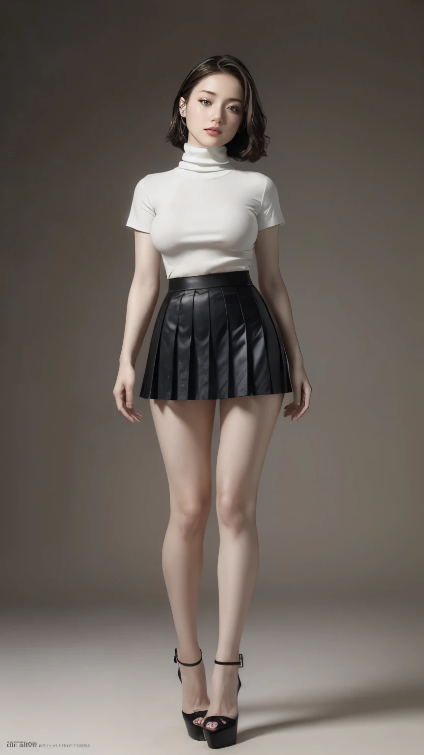 (She is standing, model pose:1.3),,,,,,,,(White turtleneck,Tight shirt,short sleeves,,,,,,Black very short pleated mini skirt, high heels:1.5),,,,,,,,(Full body photo, from below:1.5),,,,,,,,,,,,,,,,,,,,,,,,,,,Svelte Body,Voluptuous Breasts,(Short Hair,Wavy Hair,black hair:1.2),, Soft Portrait Shot, Smooth, White skin like porcelain,, transparent white skin, , Pure white skin,Photorealistic perfect body, Real young gravure idol, 4K, ,,,(8K, RAW Photos, Ultra-high resolution, highest quality, masterpiece:1.2), (Realistic illustrations), (Highly detailed CG Unity 8k wallpaper)