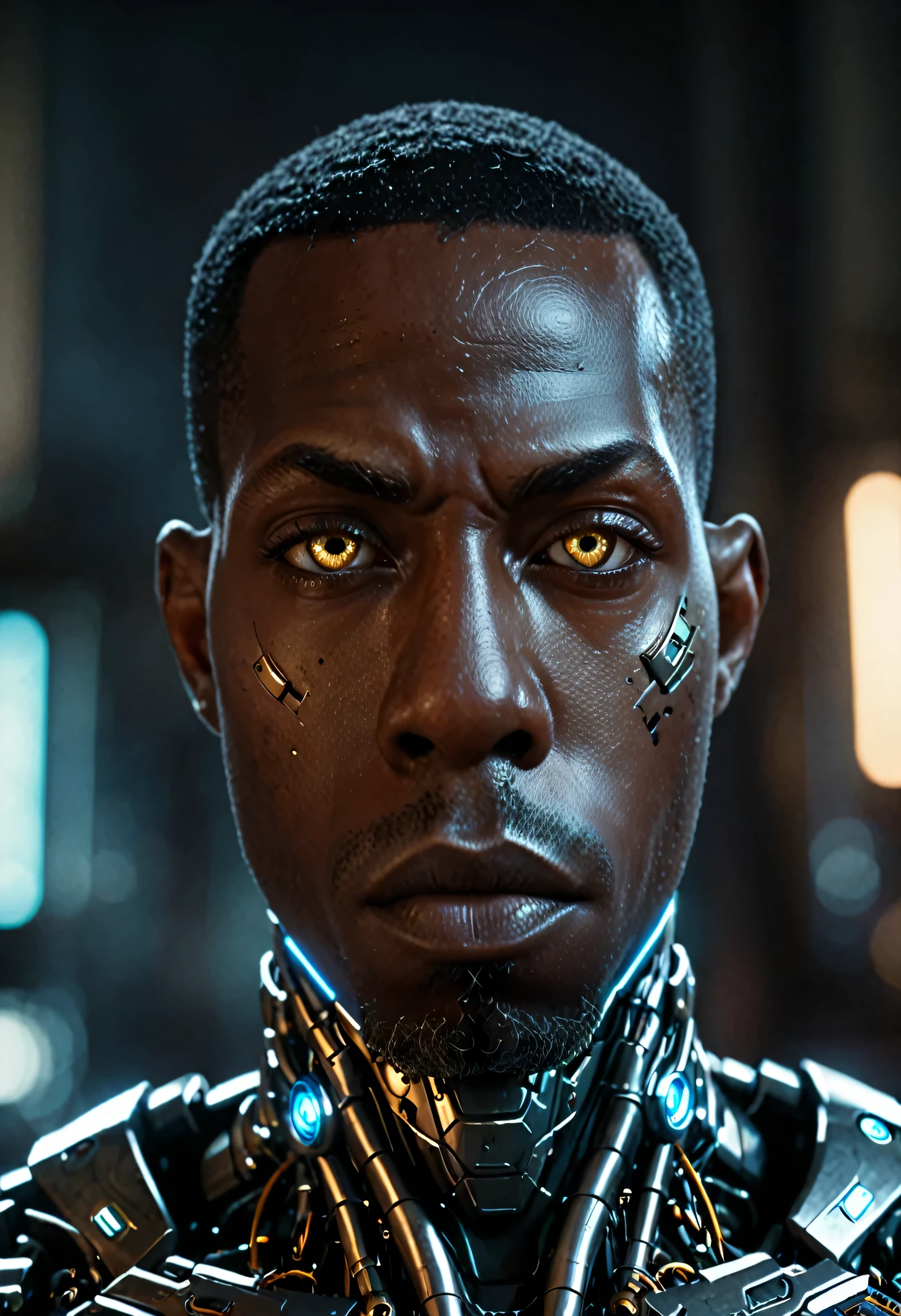 cinematic closeup front facing portrait of shawt a black man as a cyborg from dc comics, highly detailed cybernetic face, glowing cybernetic eyes, intricate mechanical parts, metallic skin, complex circuitry, futuristic design, dark moody lighting, dramatic shadows, cinematic composition, realistic rendering, hyper detailed, 8k, photorealistic