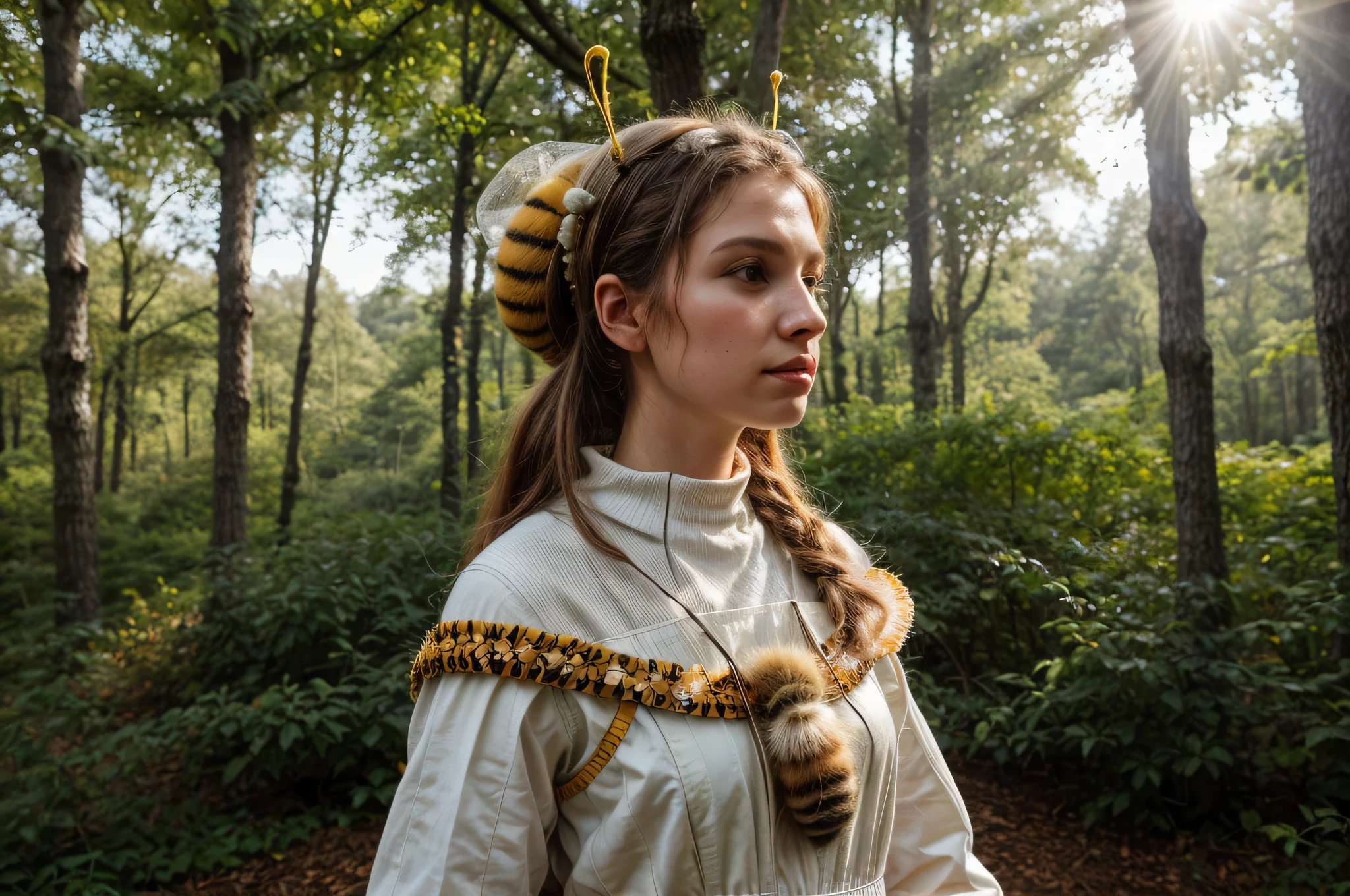 a young white female, bee outfit, in the woods, knit bee costume, honey bee theme, detailed bee headpiece, detailed bee antennae, detailed bee stripes, detailed bee wings, honeycomb pattern, natural forest setting, sunlight filtering through trees, photorealistic, 8k, high quality, masterpiece, intricate details, vibrant colors, soft lighting, cinematic composition