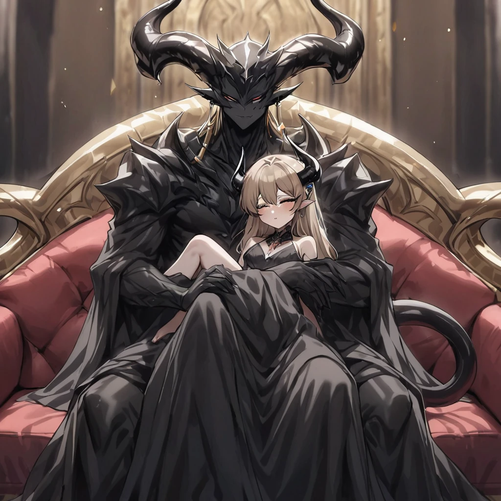 ((Highest quality)), ((masterpiece)), (detailed), (Perfect Face)、The woman is a jet-black devil、The woman is a jet-black female demon with magnificent demon horns and a jet-black tail, her skin is the same black as the Demon King, and she is wearing a seductive and luxurious jet-black dress of the Demon Queen. Her name is Princess Leona, a jet-black demon with medium-long light brown hair. The man and woman are cuddling happily on a large sofa.、The woman is sitting happily on a large sofa, snuggled up to her beloved husband, the powerful demon king.、A strong demon king is sitting on a large sofa in front of a luxurious demon altar, embracing his wife, the demon queen Leona.、The woman is leaning on the man while holding her young daughter.