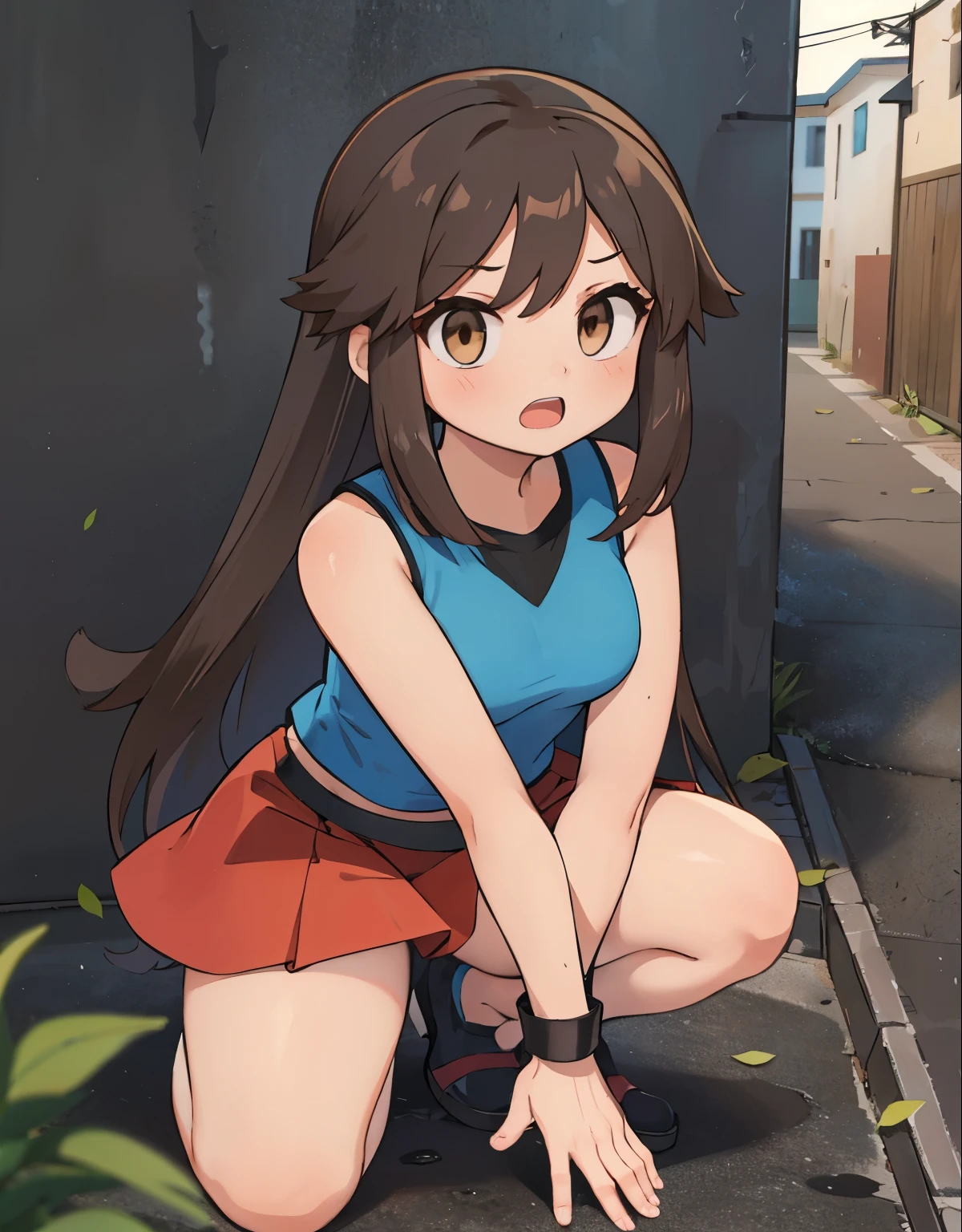 a girl on her knees in a dark and dirty alley, 1trainerleaf1, sleeveless shirt, black wristbands, visible thighs,thick thighs,red skirt,blue shirt, brown eyes, trash and bills on the ground, hands on thighs, Open mouth, looking to the camera, View from above,