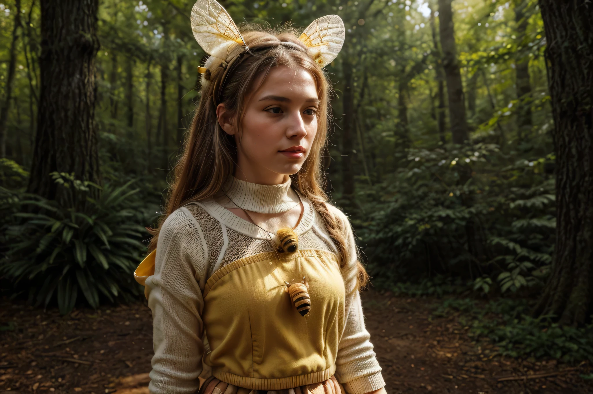 a young white female, bee outfit, in the woods, knit bee costume, honey bee theme, detailed bee headpiece, detailed bee antennae, detailed bee stripes, detailed bee wings, honeycomb pattern, natural forest setting, sunlight filtering through trees, photorealistic, 8k, high quality, masterpiece, intricate details, vibrant colors, soft lighting, cinematic composition