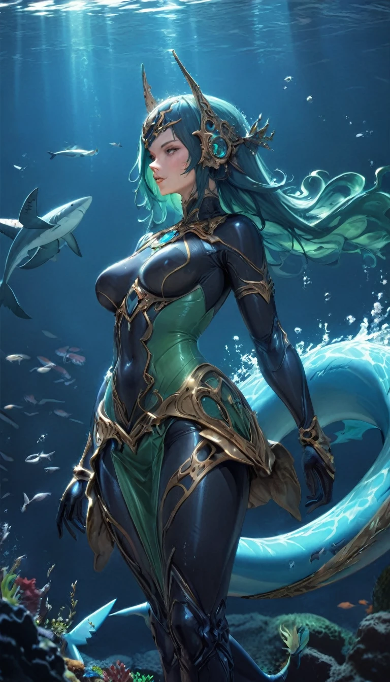 best quality,4k,8k, highres, masterpiece:1.2), ultra-detailed, extremely detailed eyes, extremely detailed body, the average Levianthar woman is a striking and formidable figure, standing tall at around 6 to 7 feet with a lean, muscular build that showcases her strength and agility. Her skin is smooth and slightly iridescent, with a bluish or grayish tint that shimmers under light, reflecting her aquatic heritage. She possesses long, flowing hair that ranges in color from deep seaweed green to midnight blue, often adorned with small, bioluminescent beads or shells. Her large, expressive eyes are adapted for both underwater and terrestrial vision, featuring hues of deep blue or emerald, green, and often possessing a subtle, ethereal glow. High cheekbones and slightly elongated ears add to her otherworldly beauty, while gill-like structures along her neck hint at her ability to thrive in the ocean depths. Her fingers and toes are slightly webbed, enhancing her swimming abilities, and a thick, powerful tail reminiscent of a shark's extends from her lower back, aiding in swift underwater movement. Her overall appearance exudes an aura of strength, grace, and mystery, embodying the unique blend of aquatic and humanoid features that define the Levianthar race, dynamic lighting, cinematic lighting, dramatic atmosphere, Atey Ghailan, Jeremy Mann, Greg Manchess, Antonio Moro, trend in ArtStation, trend in CGSociety, Intricate, High Detail, Sharp focus, dramatic and photorealistic painting art by Midjourney and Greg Rutkowski, Jeff Bridges, ((cartoon style)), Marvel Cinematic Universe style, tail, shark tail, fins, fish tail, shark fin, ((shark girl)),