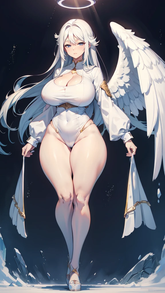 blank background, ((full body framing)), standing, (masterpiece), (best quality), huge girl, (muscular girl:0.8), (wide hips:1.5), (thin hair:1.7), massive breast, (long legs:1.6), big cleavage, cute:1.8, adorable:1.8, ((curvy:1.3)), angel girl, (white wings), halo,solo, 1girl, ((thick thighs:1.4)), ((flying in air)), (one leg bent), white robe with long sleeves