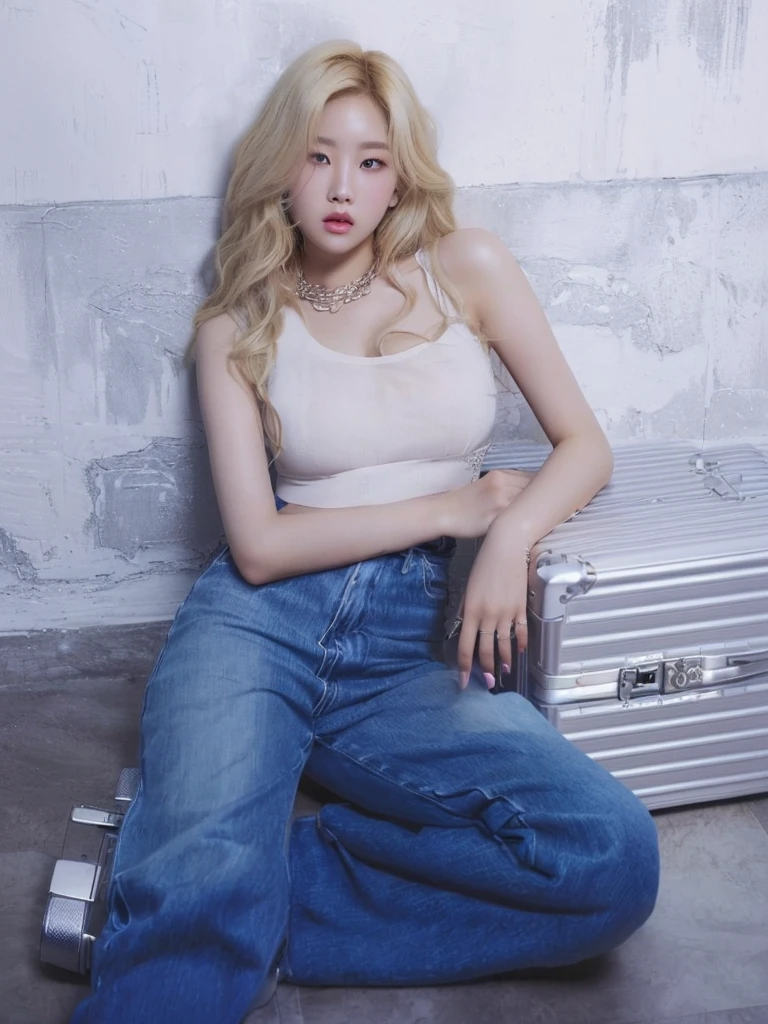 blonde woman sitting on the floor with a suitcase on her lap, roseanne park by blackpink, jia, jinyoung shin, pale skin curly blonde hair, sun yunjoo, official artwork, heonhwa choe, glass, rena noun style 3/4, baggy Cowboys, pale and light skin!!, ad image, kim taejin, jaeyeon nam, Cowboys