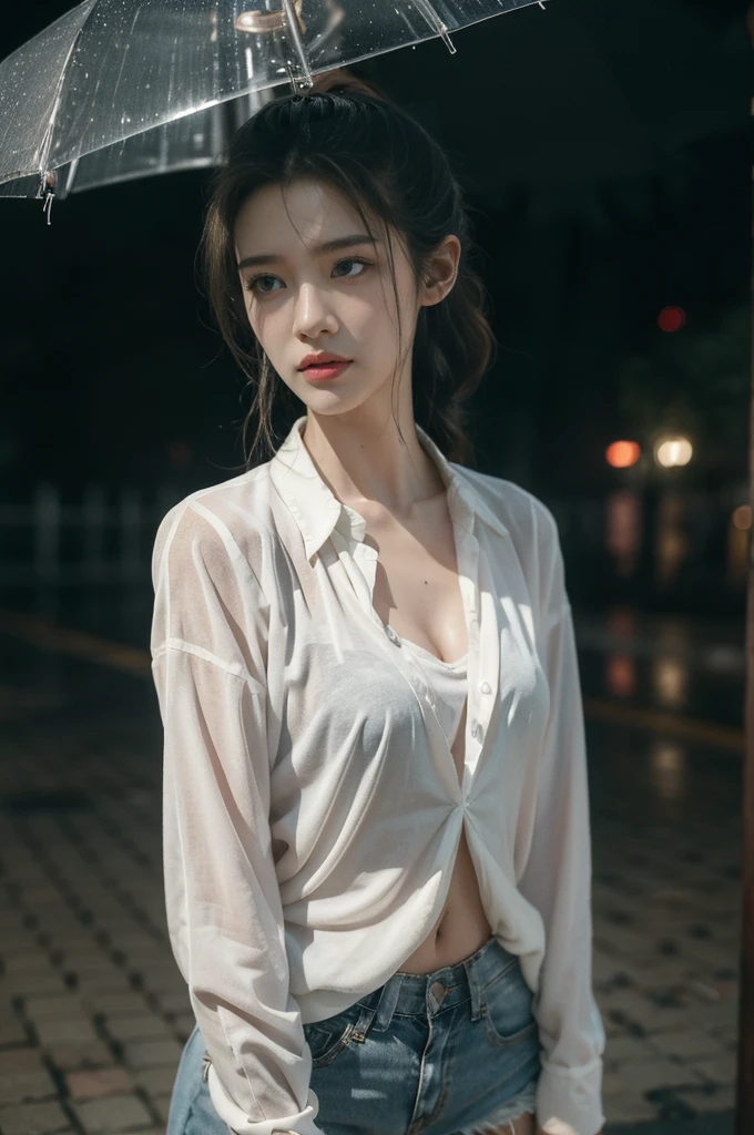 (((best quality))),(((ultra detailed))),(((masterpiece))),illustration,1girl, young,solo, slim,thin,short ponytail,small breasts,flat chest,white collared shirt,cleavage,shorts,standing,arms behind back,rainy night, heavy rain, drenched clothes, melancholy expression, solitude, tear rolling down cheek, wet hair, empty streets, dimly lit, deserted environment, sound of rain, footsteps, symbol of hope, abandoned, resilience, determination, walking in rain, heartbreak, loss, love fading, loneliness, body language, facial expression, dreary atmosphere, rain-soaked streets, somber mood, viewer engagement,((upper body,from front)),urban scape,night scene