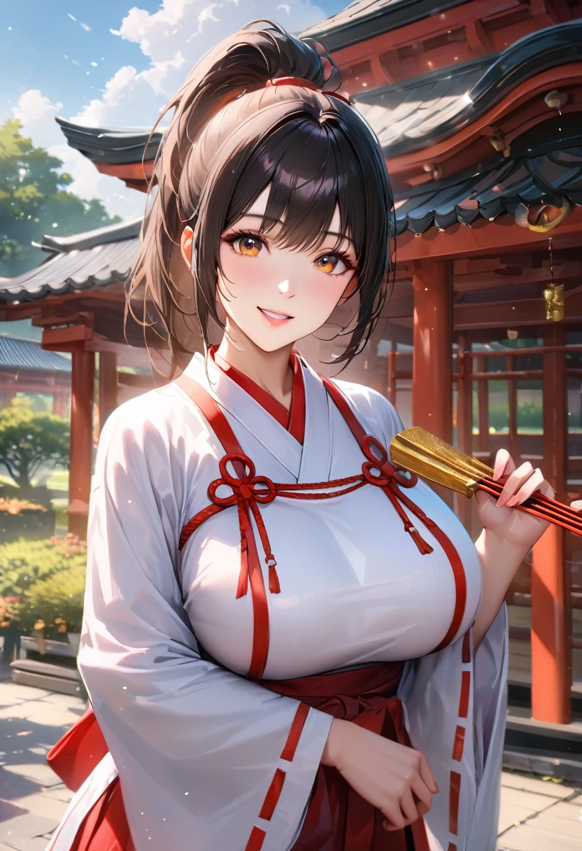 Shrine grounds, Clear sky with white clouds, Miko costume, Blur the background,high school girl,Big Breasts,ponytail,smile,Glitter effect,Highest quality, 8K, High resolution, masterpiece:1.2, Very detailed, Realistic:1.37, High resolution, 超High resolution, Ultra-fine painting, Very detailed, Professional, Vibrant colors