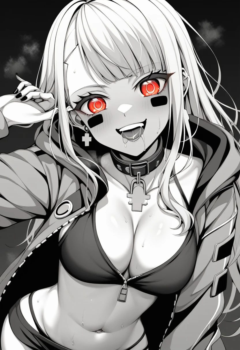 (masterpiece:1.2)、Highest quality、PIXIV、Rebellious girl、One girl、Open your mouth、鋭いteeth、teeth、Long Hair、Street background、gem、badge、ボタンbadge、Food、Bright red eyes、Earrings、Jacket、eyelash、Foodを下にして、Upper Body、Characters in clothes、zipper、collar、cable、chain、Stickers、hoodie、smile、Focus on the viewer、Chest in the center、Shoulder Bare、Belly button、Black and white hair color,leaning forward,Cyberpunk city,Night view,Black and white grey outfit,Overflowing drool、saliva、White Breath、Sigh