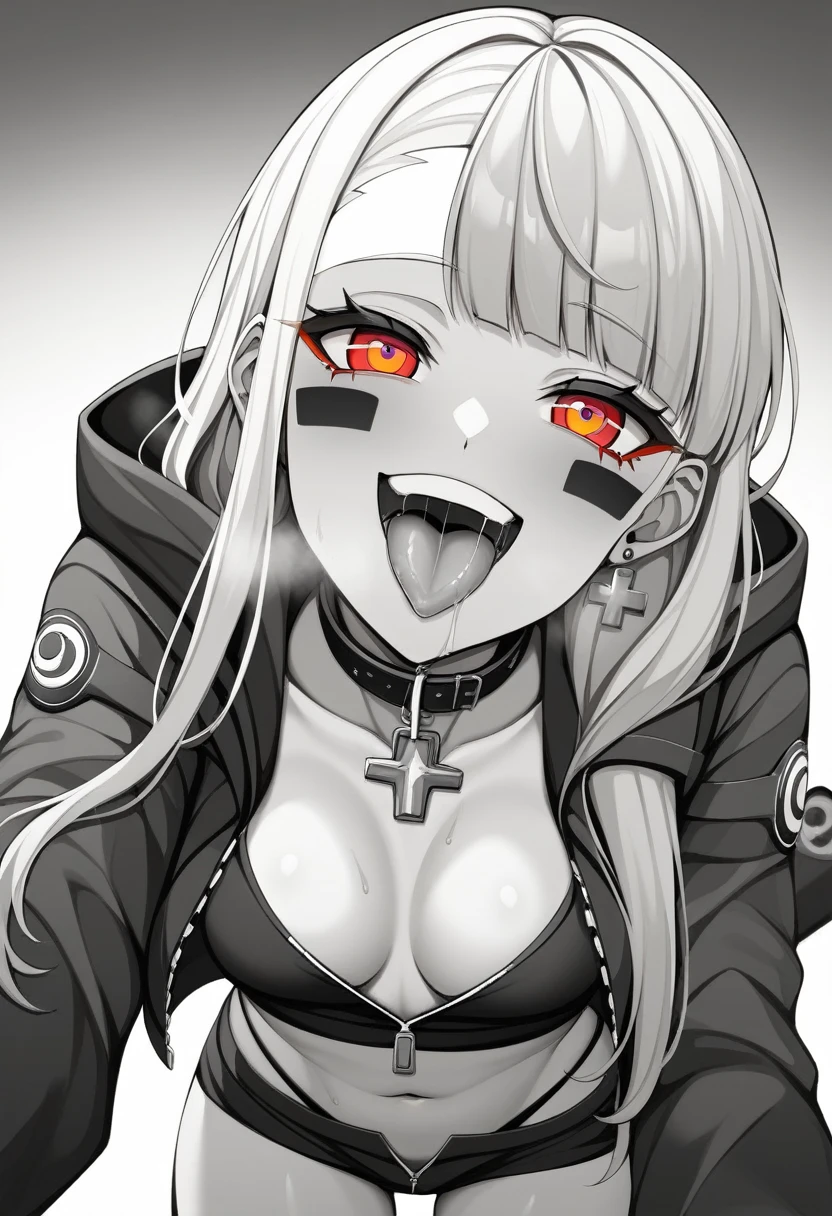 (masterpiece:1.2)、Highest quality、PIXIV、Rebellious girl、One girl、Open your mouth、鋭いteeth、teeth、Long Hair、Street background、gem、badge、ボタンbadge、Food、Bright red eyes、Earrings、Jacket、eyelash、Foodを下にして、Upper Body、Characters in clothes、zipper、collar、cable、chain、Stickers、hoodie、smile、Focus on the viewer、Chest in the center、Shoulder Bare、Belly button、Black and white hair color,leaning forward,Cyberpunk city,Night view,Black and white grey outfit,Overflowing drool、saliva、White Breath、Sigh