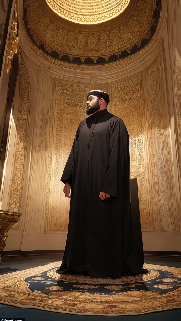 Show a Muslim kneeling in the middle of a dark room, his face full of worry. In front of him, a threat appeared in the form of a dark shadow depicting the riches of the world: money, gold and jewels. The shadow shows a strong grip on the treasure, while behind it, the words 'Threat to a Muslim who disbelieves and loves worldly possessions' are visible. The dim light from above highlights the face full of despair, creating a contrast between the love of worldly riches and spiritual despair."