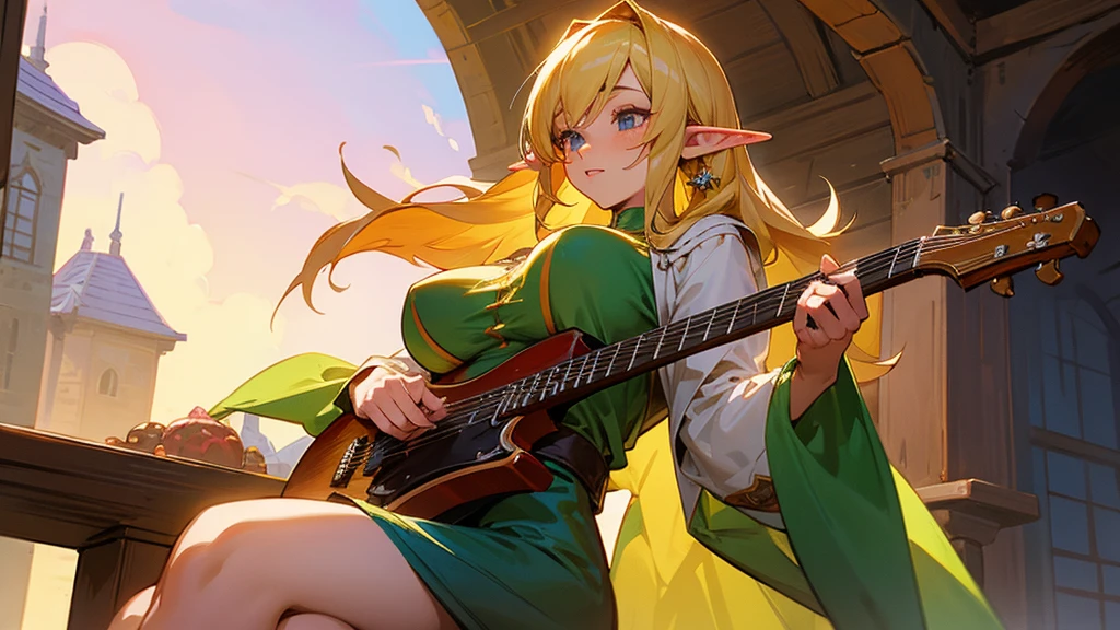 Anime Style,Nostalgic,Detailed background,The medieval world,A lively bar with lots of people,Beautiful sky,Beautiful Elf Bard,guitar,Large Breasts,Healthy thighs