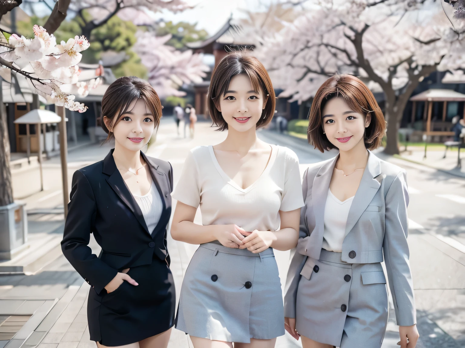 3 woman,commemorative photograph,a middle aged 3 woman in a retro mini skirt, looking at the viewer, smiling, in front of cherry blossoms in tokyo, 1960s agfa or kodak style, octanerender, very slim, deep v-neck suit, flat chest,