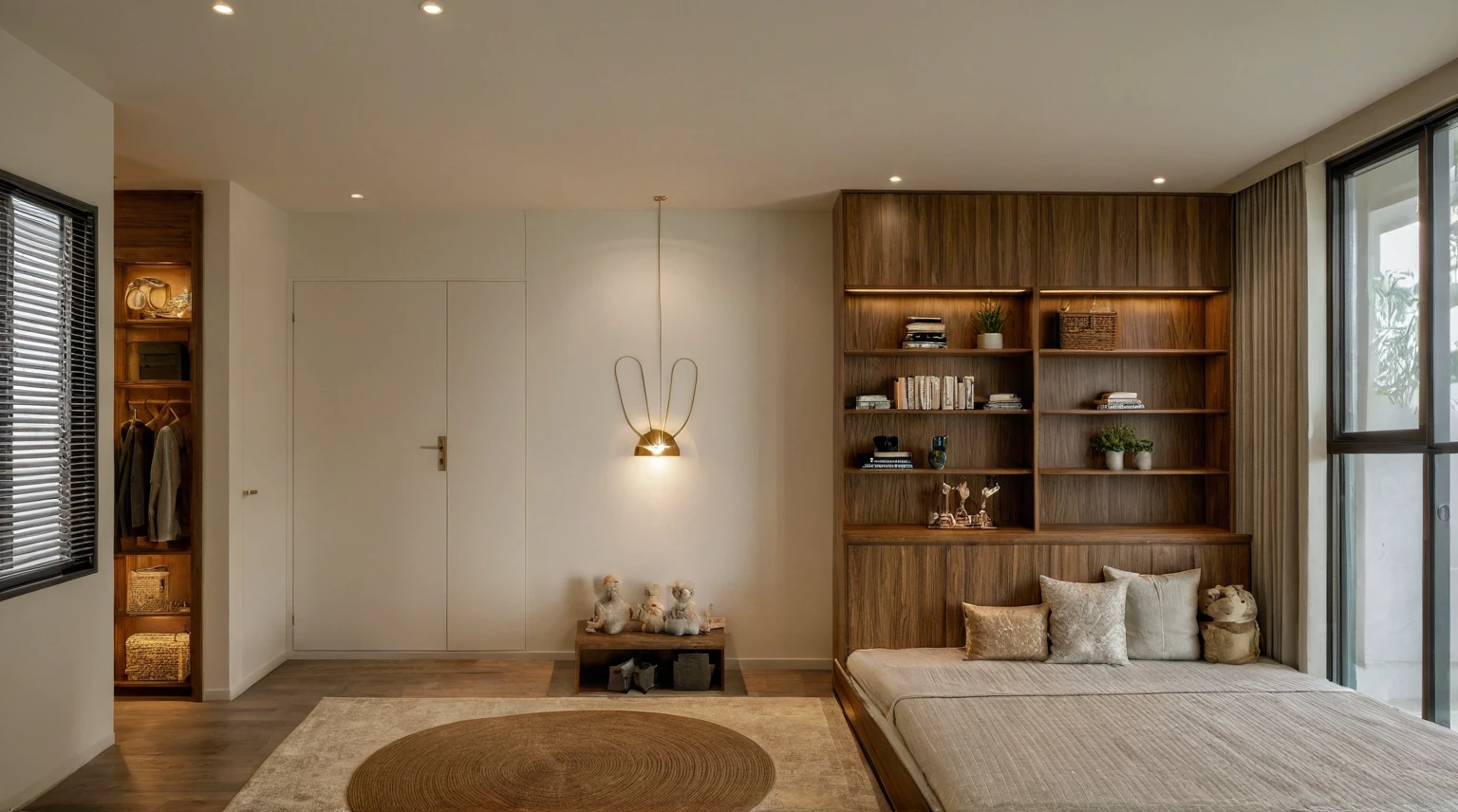 Raw photo,Masterpiece, high quality, best quality, authentic, super detail, interior, indoors, style Indochine modern, minimalist line, aiaigroup , wooden, walnut veneer wood, led light, white paint wall, sofa, BED RooM, day light, atrium