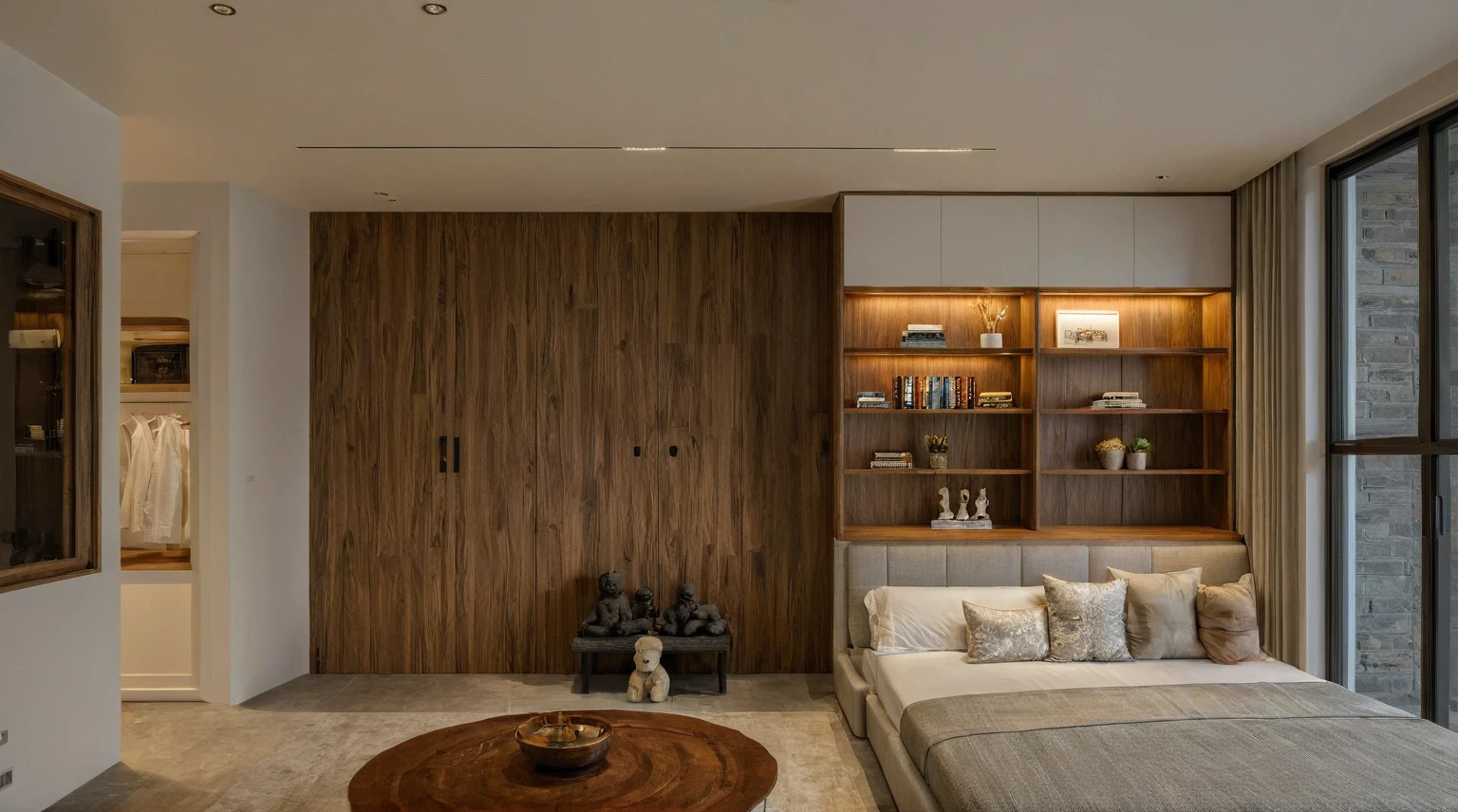 Raw photo,Masterpiece, high quality, best quality, authentic, super detail, interior, indoors,  style Indochine modern, minimalist line, aiaigroup , wooden, walnut veneer wood, led light, white paint wall, sofa, BED RooM, day light, atrium