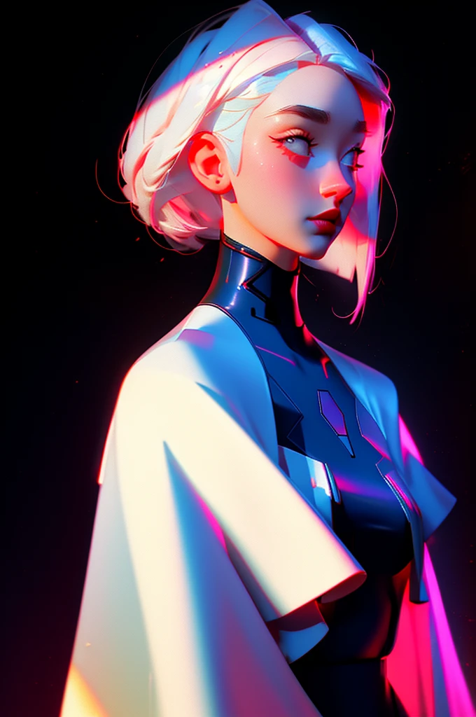 Highest quality hyper-realistic illustration, The perfect masterpiece, perfect artwork, 8k, (Upper body portrait: 1.5), (((Viewed from the front: 1.2))), lens close-up, delicate face, white hair, (hakuhatsu: 1.3), long hair, long arms, (black background: 1.3), sexy posing, big breasts, low-cut dress, red dress with gold, pearl illusion, cyberpunk ,fashion trend,3s material,high definition,detailed rendering,c4d,3d,octane rendering,ray tracing,complex details,neon lights,animated lighting,OCRenderer,8k