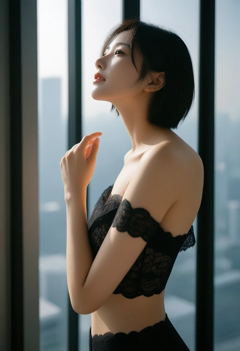 8K, Ultra-high resolution, Highest quality, masterpiece, 三分割法によるphotograph,Surreal, photograph, 1 Girl, (:1.3), pretty girl, Cute face, Beautiful eyes in every detail, 細かくdetailedに,masterpiece,, One Girl:1.2, Japan Female Announcer,whole body,Young Wife,Leaning against the window, Nice views, Standing by the window, Pressed hard against the window, Stand on top of a skyscraper, Near the window, With your back to the window, Nice views ,Side view, Black lace see-through underwear,A carefree smile,Heal the heart,Black Hair,Short Bob,Looking at the audience、beauty,Long neck、Laugh a little、Please close your mouth and laugh、(((Ideal body type))),A cup small breasts :2,、Portraiture:2、Perfect Anatomy、鮮明なdetailed、detailed、Surreal、Light and shadow,Strong light