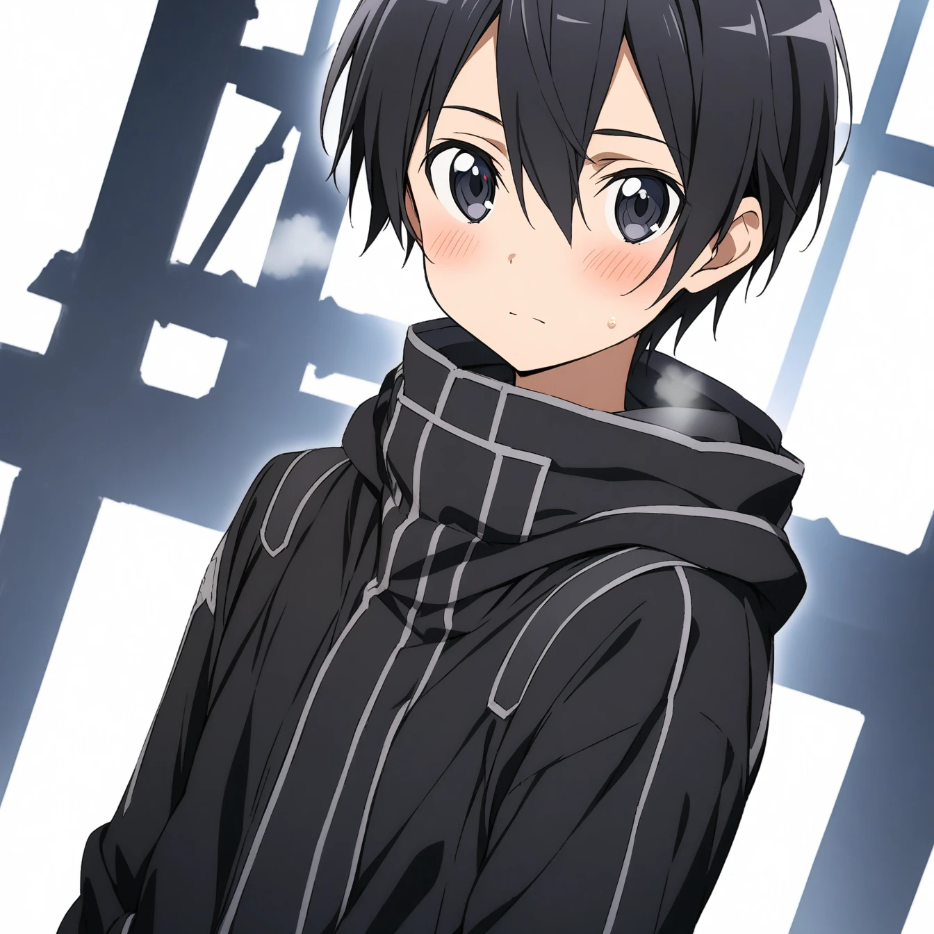 1 boy, Kirigaya Kazuto,kirito,Kirito,Sword Art Online,alone, viewer, pure white background, blush, black eyes,eyes glow, breathing, avatar, half body, , angle, masterpiece, best quality,black clothing，colorless