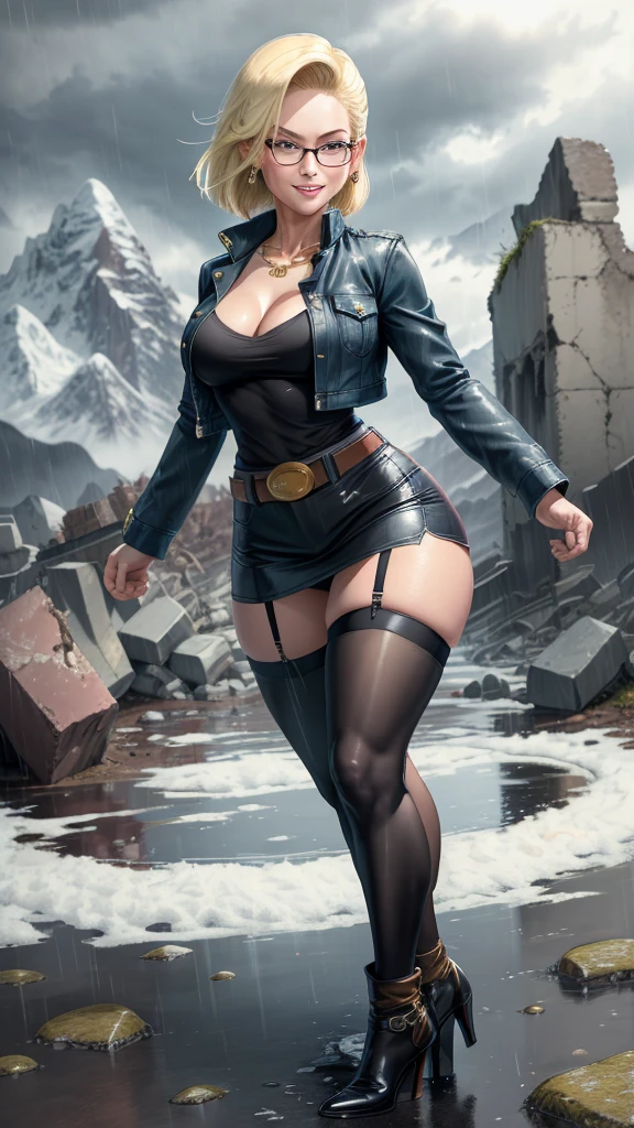 Best quality, Highres, and18, 1girl, android 18, solo girl, 1girl, blonde hair, blue eyes, belt, high heels, black dress, gold necklace, black dress, short hair, jacket black dress, earrings, glasses Reading, medium breasts, cowboy shot, mountains, straight, (weather: rainy and windy), wet body, sexy smile, fighting stance, thigh-high stockings, garter belt, battle ruins, wide hips, thick legs, not wearing clothes, closed fists, hairpin,