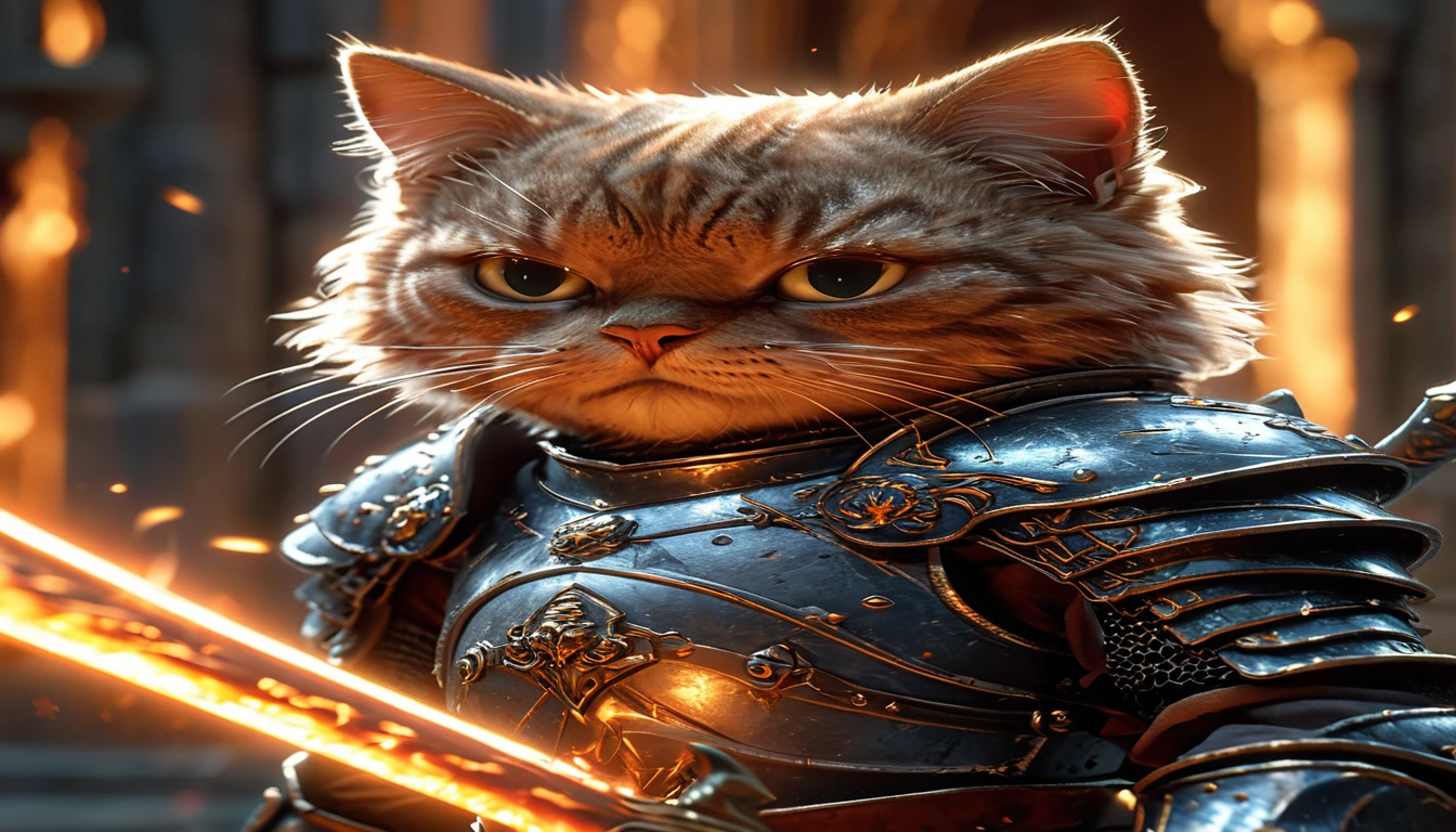 Close-up shot of a cat, cat knight,whole body, Holding a flaming sword, Wearing dark armor, Castle Background, High resolution, masterpiece, Highest quality, Super detailed, Super detailed, Ultra-realistic,
Hong Kong Style, 3D Fluffy, Cute and adorable close-ups, Cute big round reflective eyes, Long fuzzy fur, Pixar Rendering, unreal engine Cinematic smooth, Exquisite detail, Cinematic