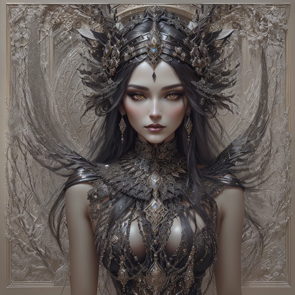 a close up of a woman with a very large headpiece, detailed matte fantasy portrait, goddess. extremely high detail, 3 d goddess portrait, portrait of a dark goddess, highly detailed dark art, intricate wlop, karol bak uhd, extremely detailed goddess shot, detailed 3d gothic oil painting, gothic fantasy art, fantasy portrait art, detailed fantasy digital art