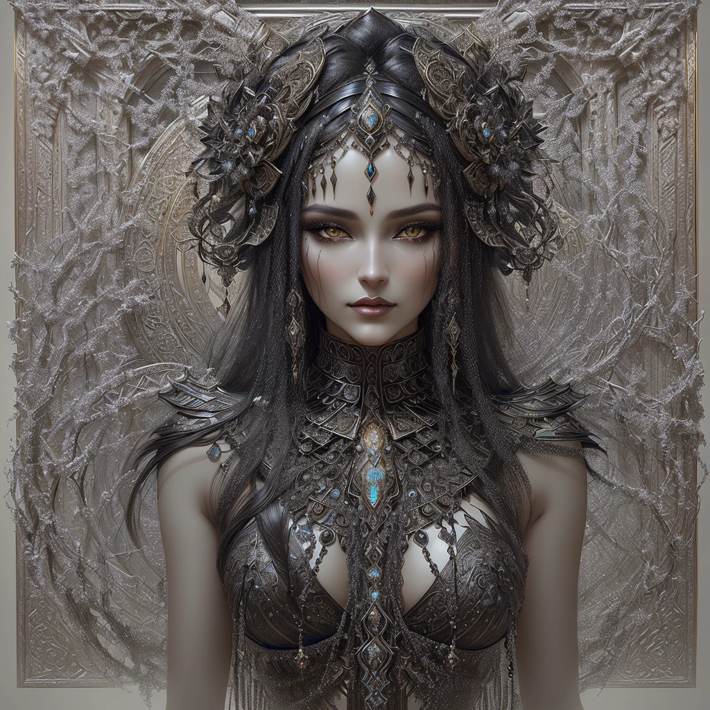 a close up of a woman with a very large headpiece, detailed matte fantasy portrait, goddess. extremely high detail, 3 d goddess portrait, portrait of a dark goddess, highly detailed dark art, intricate wlop, karol bak uhd, extremely detailed goddess shot, detailed 3d gothic oil painting, gothic fantasy art, fantasy portrait art, detailed fantasy digital art