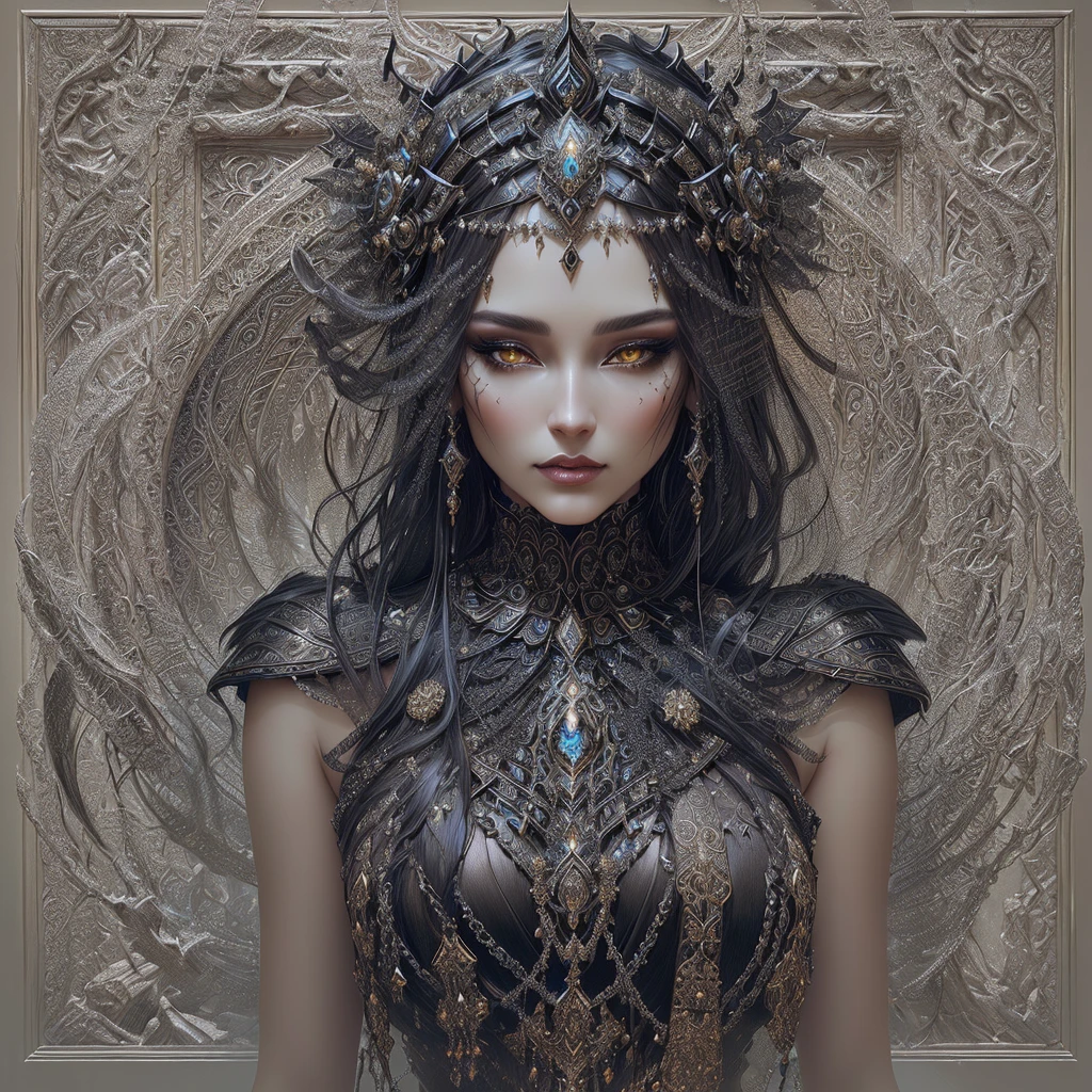 a close up of a woman with a very large headpiece, detailed matte fantasy portrait, goddess. extremely high detail, 3 d goddess portrait, portrait of a dark goddess, highly detailed dark art, intricate wlop, karol bak uhd, extremely detailed goddess shot, detailed 3d gothic oil painting, gothic fantasy art, fantasy portrait art, detailed fantasy digital art