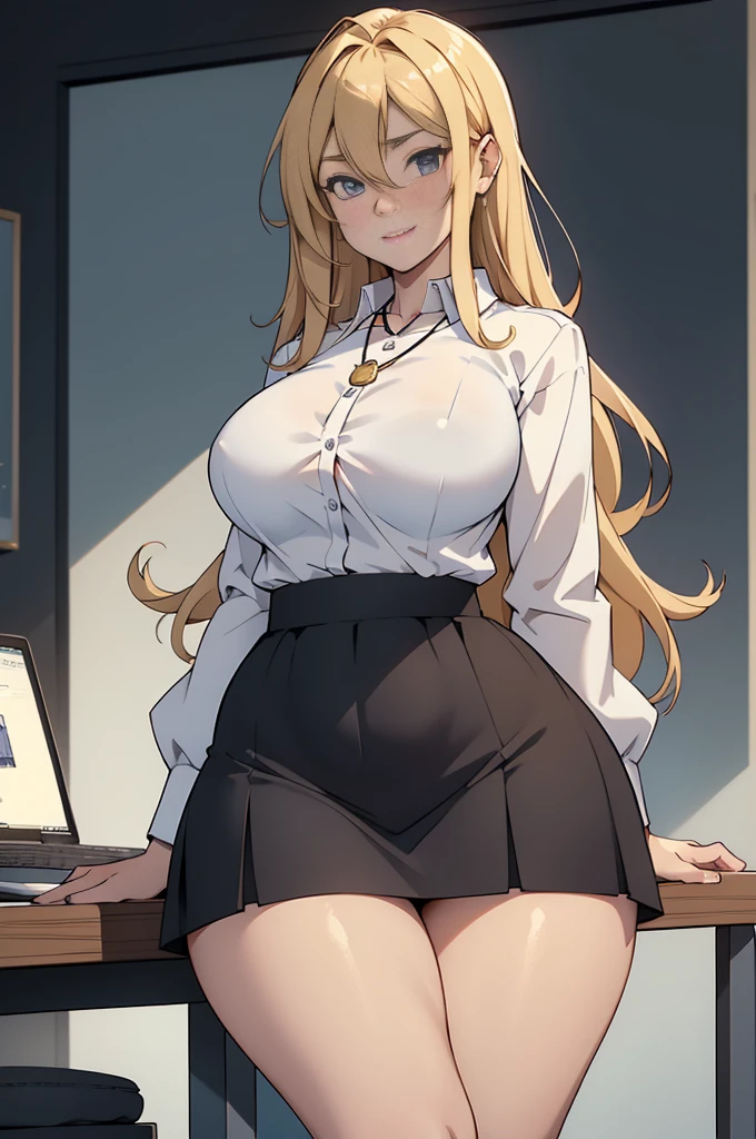 Eula, 1 girl, standing alone, ((white shirt)), black thicc thighs, breastsout, neckleace, 's uniform, desk background, Black Skirt, pleatedskirt, desk, hair between the eyes, large breastsout, long hair, gazing at viewer, hair blue, short blue nails, standing alone, thicc thighs, thicc thighs, long hair, ((work of art)), sitting down, chair, tabletop, computer on tabletop, Badge, identification label, hinterland, golden hair clip, blush, pose sexy, ssmile,