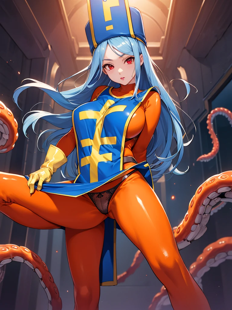 masterpiece,Highest quality, Unreal Engine, Super Resolution, Very detailed,
1 Girl, Waist, thin, (Muscular:0.8)
Round Breasts, Big Breasts, Bold,  Part your lips, Observe the audience,
Are standing, sexy pose
Waist shot,Tentacles entangled in chest,Spread your legs,
, Key Visual,
 Light blue hair, Red eyes, Long-haired monk \(dq3\)
,Orange bodysuit,Tabard Elbow Gloves((Spread your legs上げる:1.3)),、(Orange bodysuit、See-through panties:1.2)