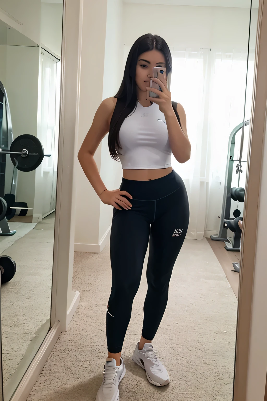 an 18 year old girl is taking a photo in front of the mirror, with gym clothes, only one